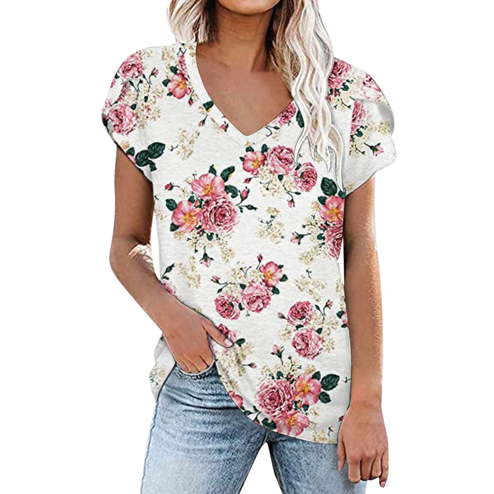 Women's Floral Print V-Neck Casual T-Shirt - Summer Short Sleeve Blouse with Petal Sleeve Design for Daily Wear, Outings & Vacation Outfits