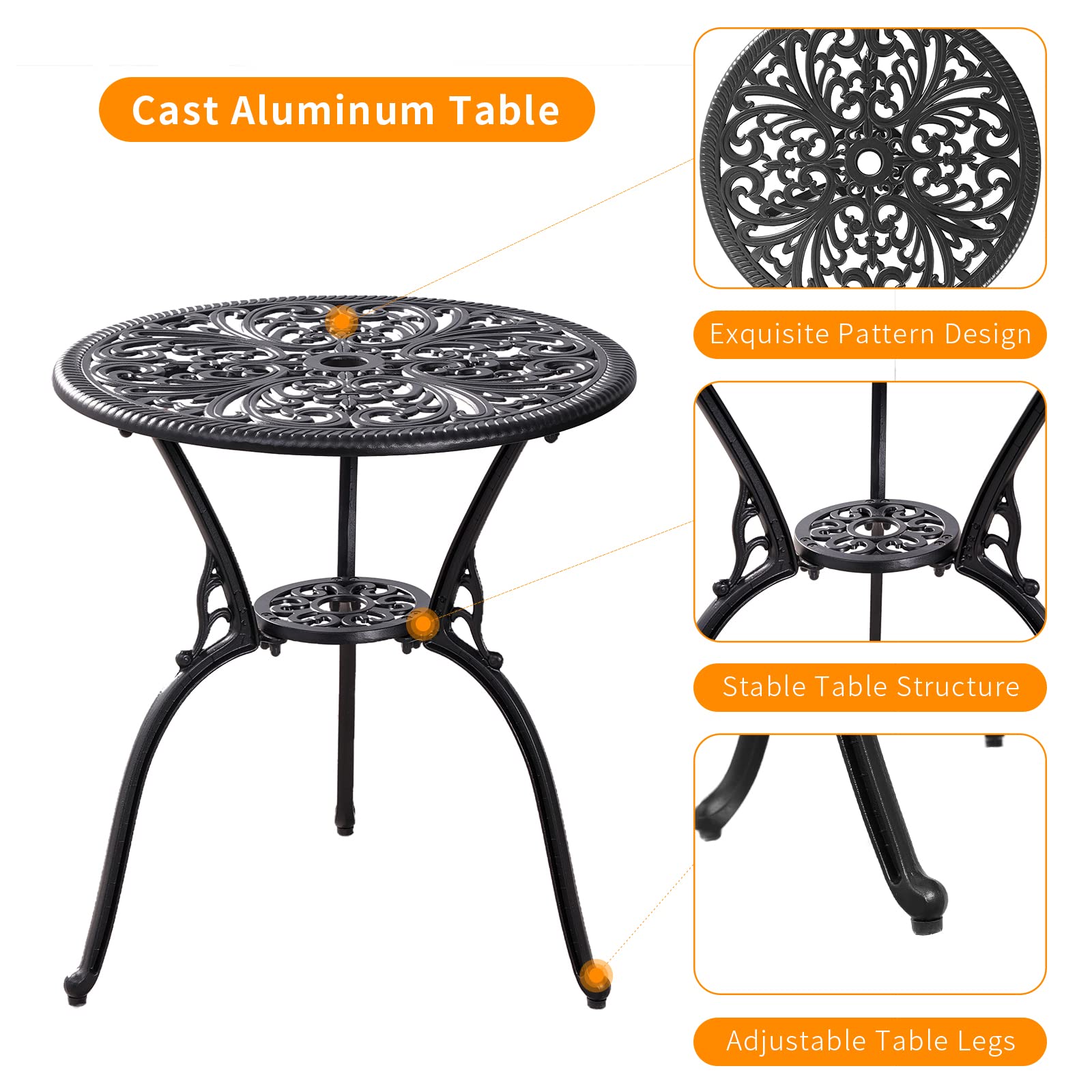 3-Piece Outdoor Bistro Set - Durable Cast Aluminum Patio Table & 2 Chairs - Black Small Porch Furniture for Garden, Balcony & Backyard Relaxation