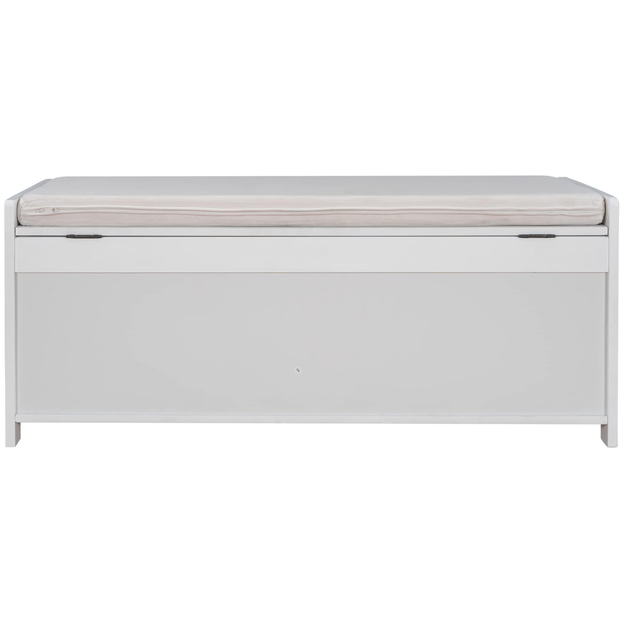 SOFTSEA White Upholstered Storage Ottoman Bench with Removable Beige Cushion - 3 Shutter Doors & Hidden Compartment - Multi-Functional Entryway, Living Room, Bedroom Furniture for Shoes, Blankets & Home Organization