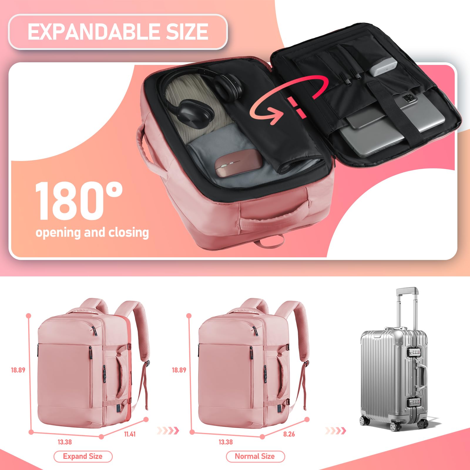45L Airline Approved Carry On Travel Backpack for Women - Cute Underseat Personal Item Bag with Shoe Compartment - Perfect for Hiking, Outdoor Weekend Trips & Casual Daypack - Ideal Gift for Friends (Pink)