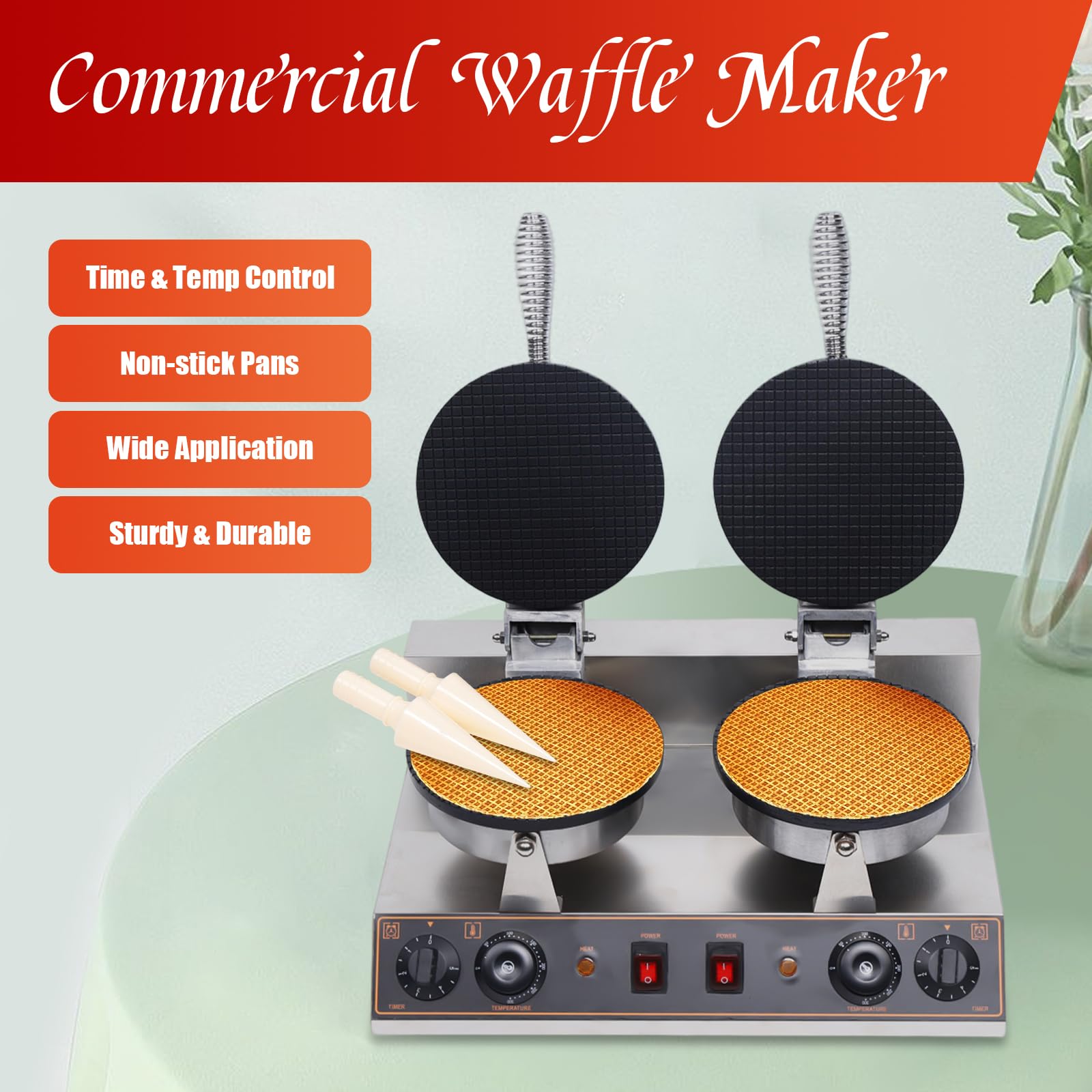 Commercial Double Head Waffle Maker - 1750W Electric Waffle Iron with Nonstick Plates, Stainless Steel Housing for Pancakes, Donuts, Paninis & Hash Browns - Perfect for Restaurants, Cafes & Home Breakfast Cooking