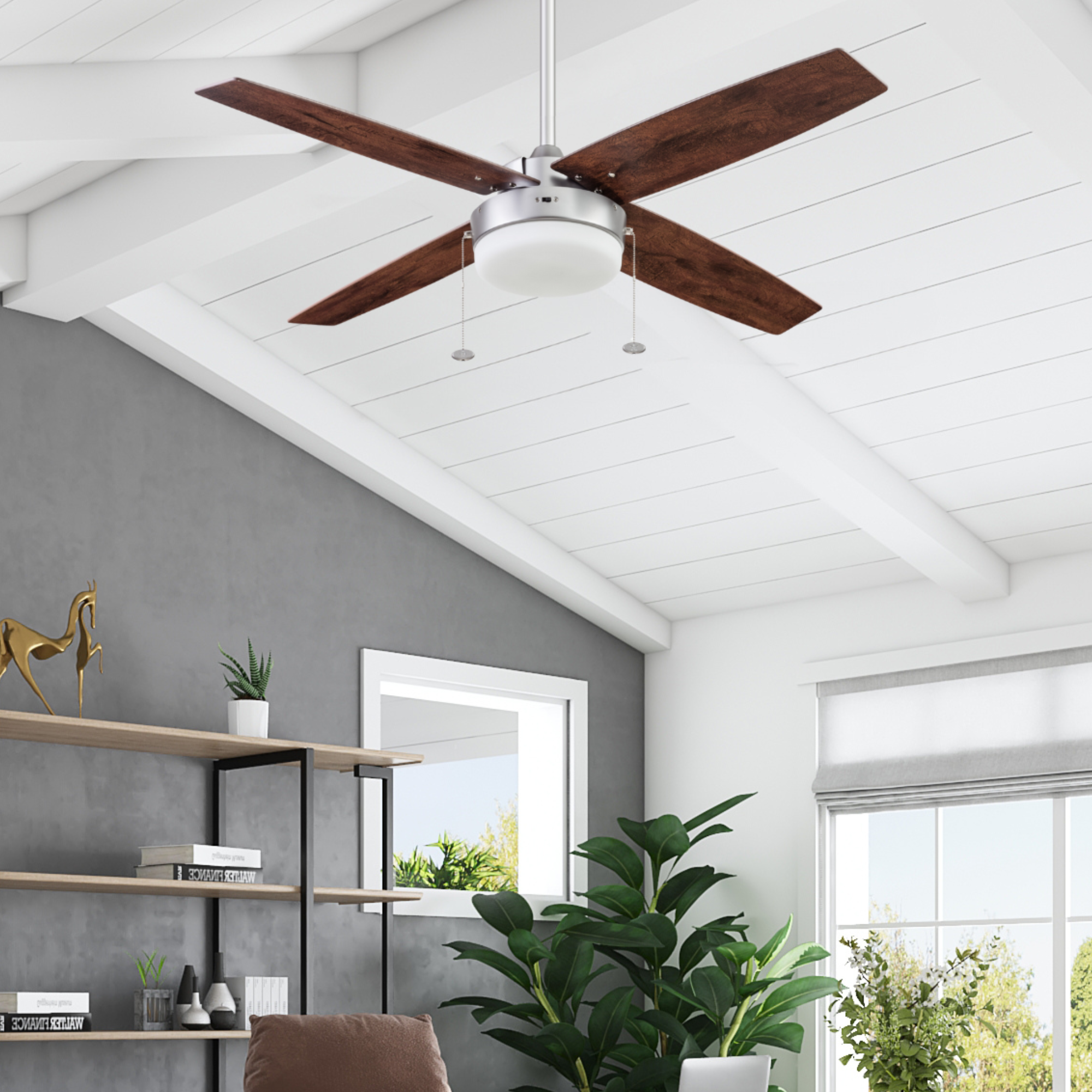 52 Inch Memphis Silver Ceiling Fan with Pull Chain - Modern Indoor Cooling Fan for Living Room, Bedroom, and Office