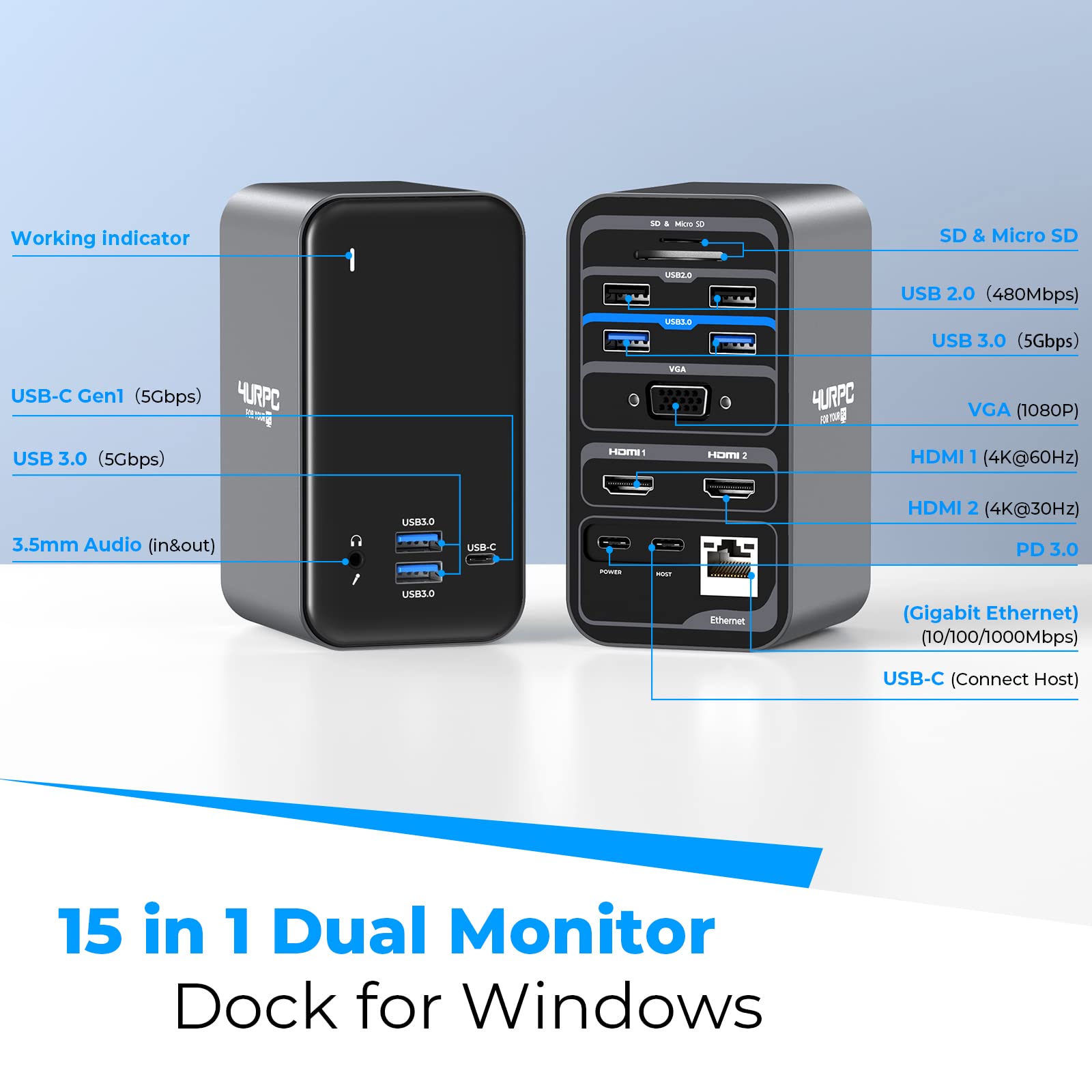 USB C Docking Station Dual Monitor with 2 HDMI Ports, VGA, 65W PD, 6 USB Ports, Ethernet, SD/TF Card Reader, Audio/Mic - Compatible with Windows & ChromeOS Laptops | Perfect for Home Office, Remote Work & Multi-Screen Productivity