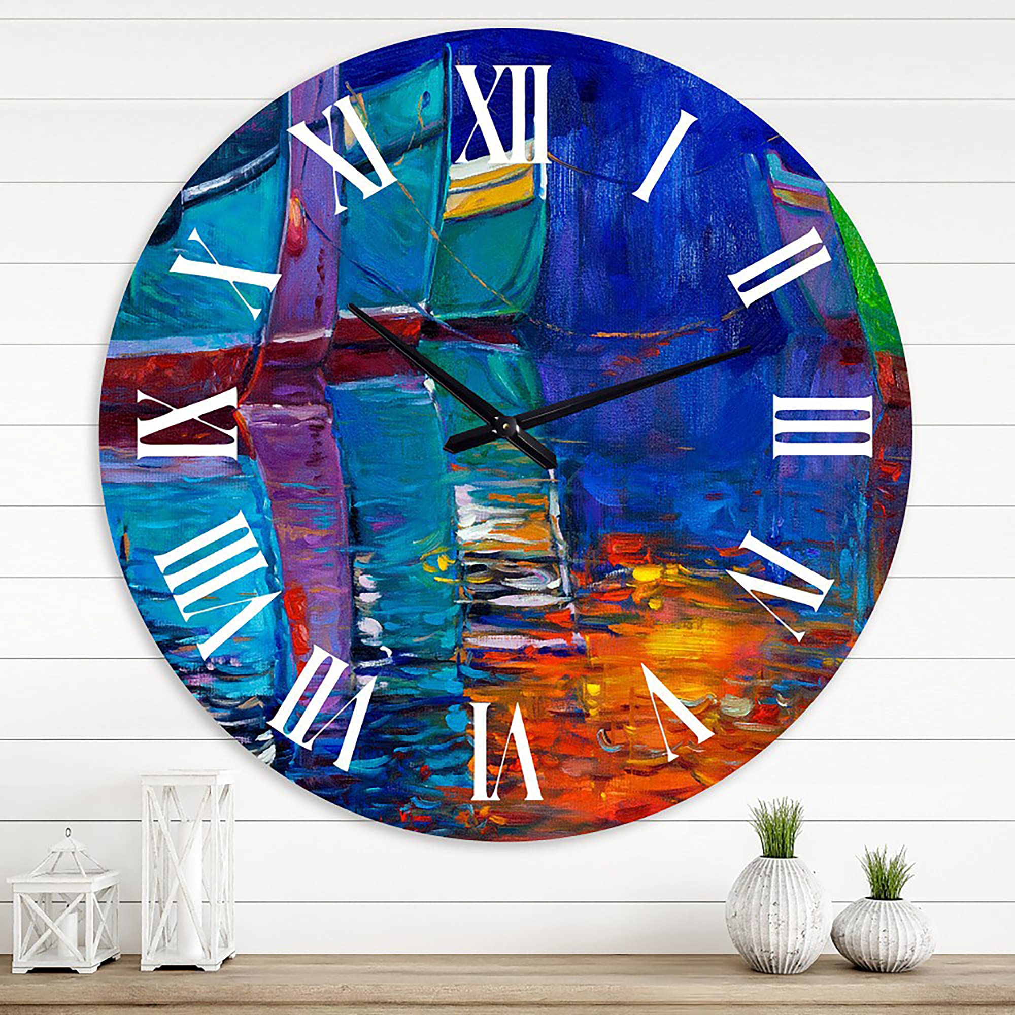 DesignQ Nautical Coastal Wall Clock - Round Blue Boat Sunset Decor for Living Room, Bedroom & Office | Silent Non-Ticking Rustic Home Décor