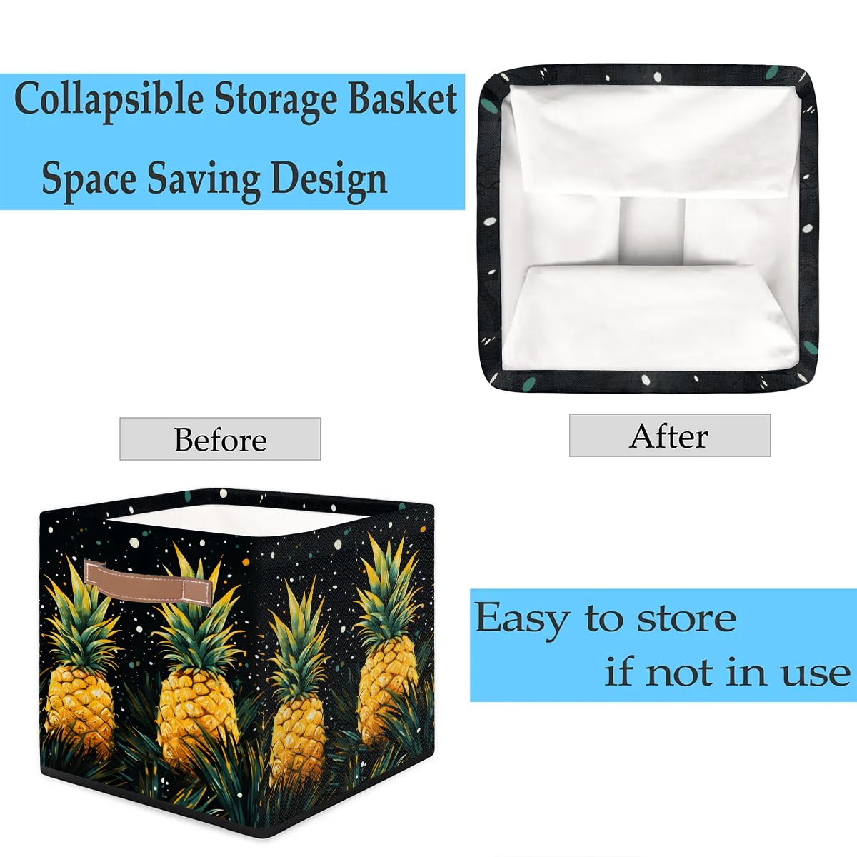 13 Inch Collapsible Black Bottom Yellow Pineapple Storage Basket - Rectangle Shelves Bin Organizer with Leather Handle for Closet, Home Decor & Bedroom Storage | Perfect for Organizing Toys, Blankets & Laundry