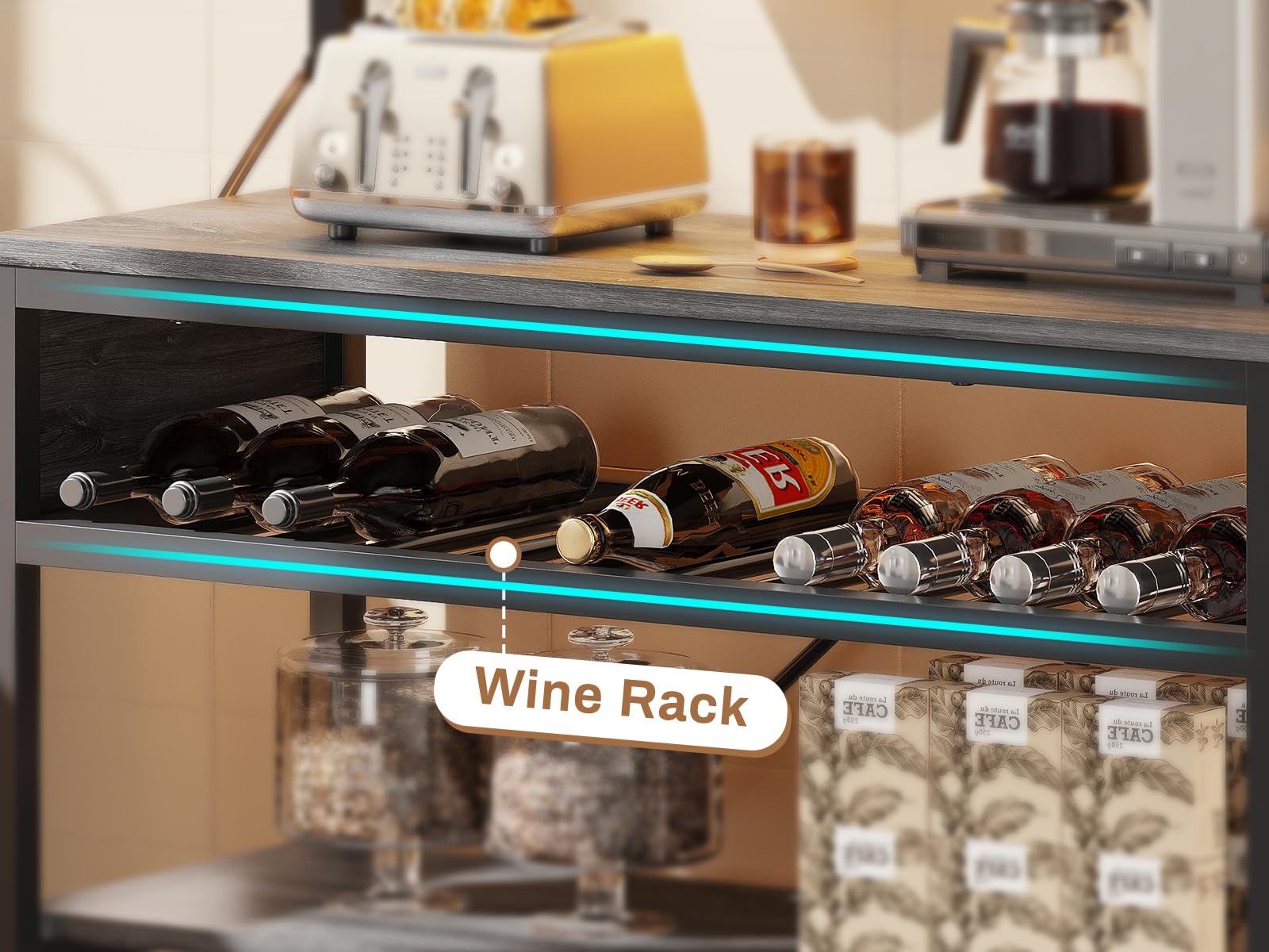 Itaar 6-Tier Bakers Rack with Power Outlet & LED Lights - Kitchen Coffee Bar, Microwave Stand with Wine Rack & 10 Hooks - Grey Storage Shelf for Small Spaces - Perfect for Coffee Stations, Pantry Organization & Kitchen Decor
