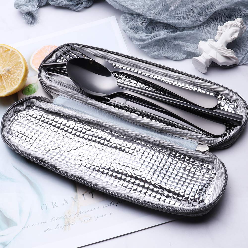 Portable Stainless Steel Flatware Set - 4-Piece Travel & Camping Cutlery Utensils with Waterproof Case | Durable Silverware for Outdoor Picnics, Hiking, Backpacking & RV Trips (Black)