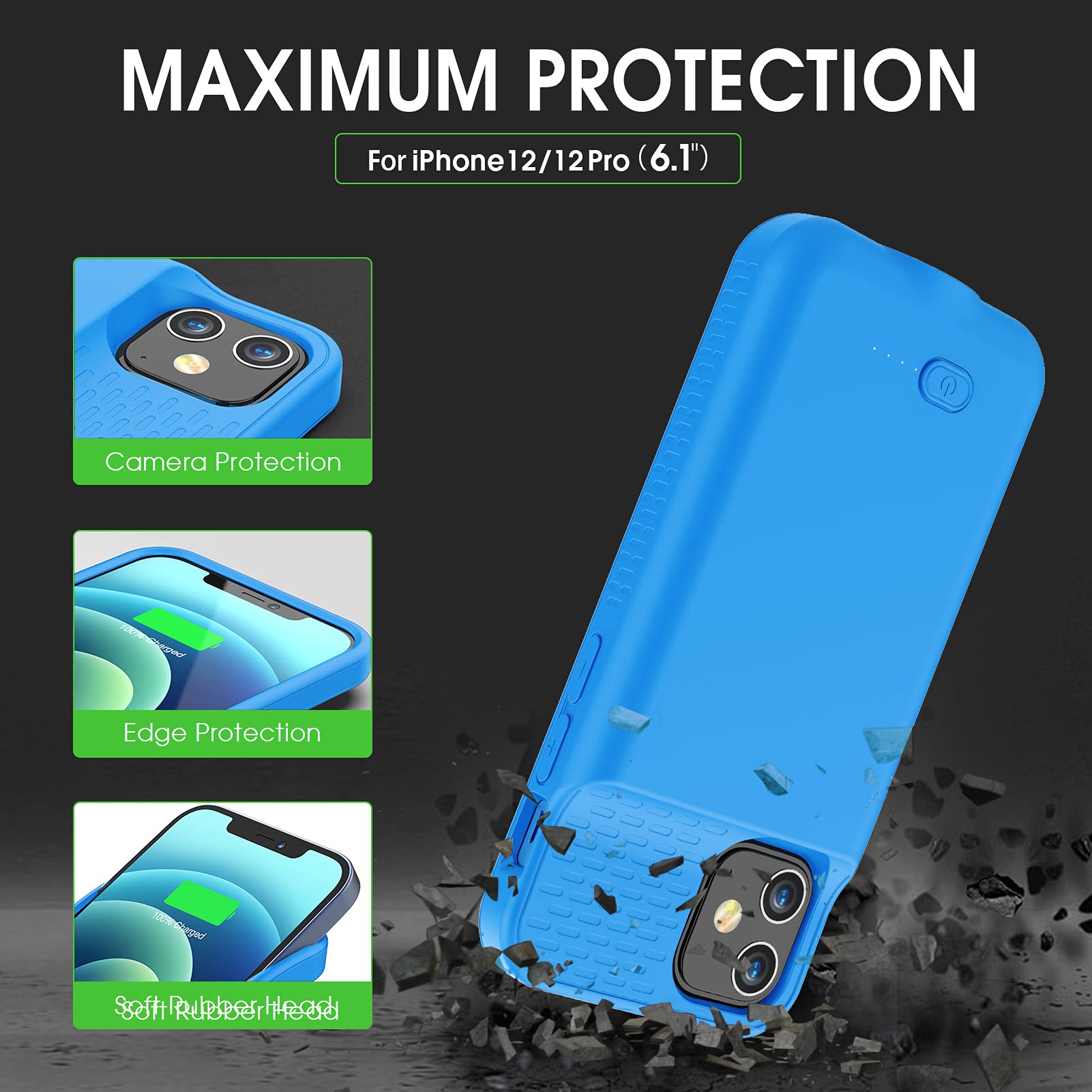 GIN FOXI 7000mAh Ultra-Slim Rechargeable Battery Case for iPhone 12/12 Pro (6.1 inch) - Anti-Fall Protection Extended Charging Cover - Blue | Perfect for Travel, Outdoor Activities & Daily Power Backup