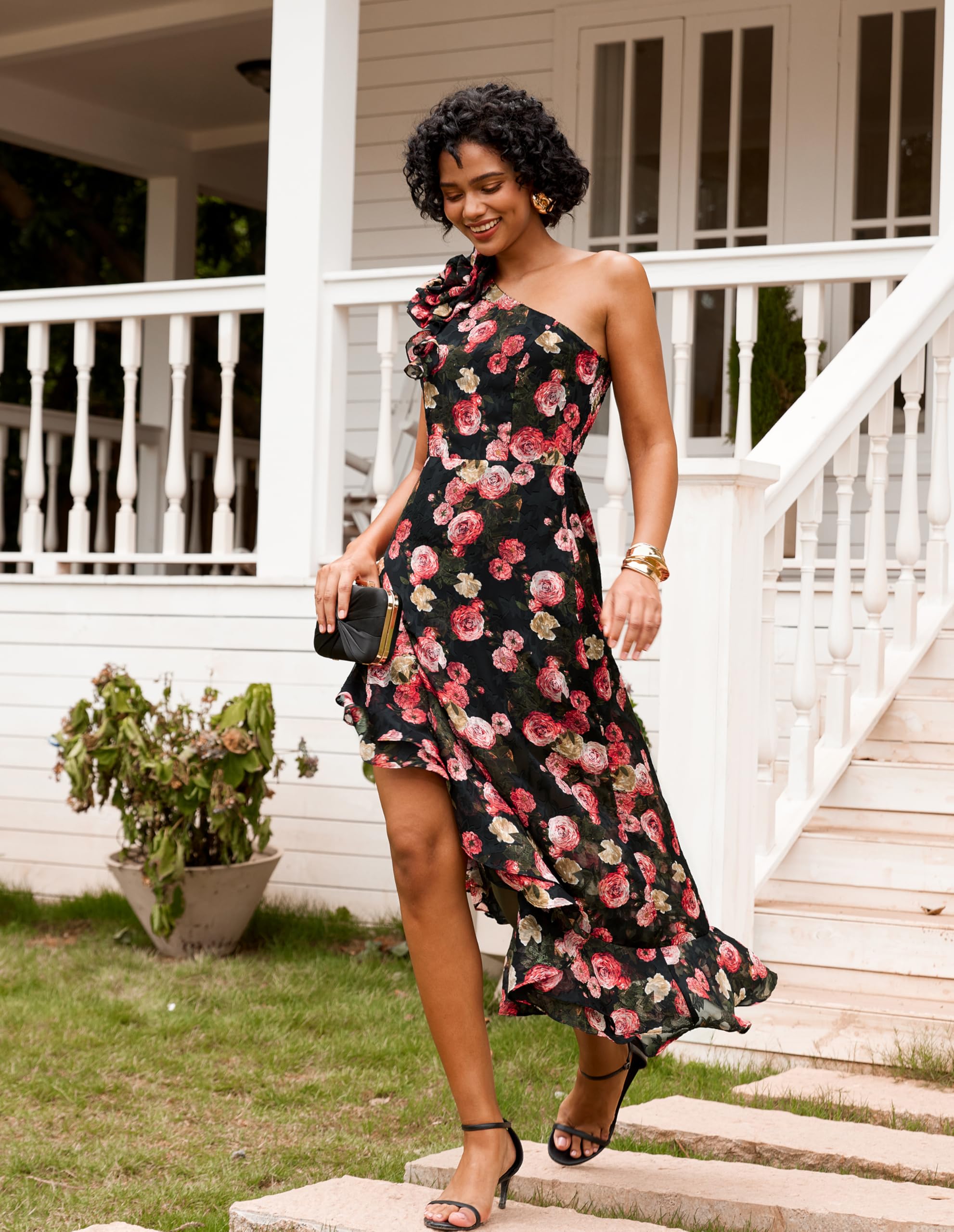 GRACE KARIN Women's Floral One Shoulder Sleeveless Ruffle Maxi Dress - Summer Wedding Guest Dress, Beach Cover Up, Vacation Sundress for Parties & Special Occasions