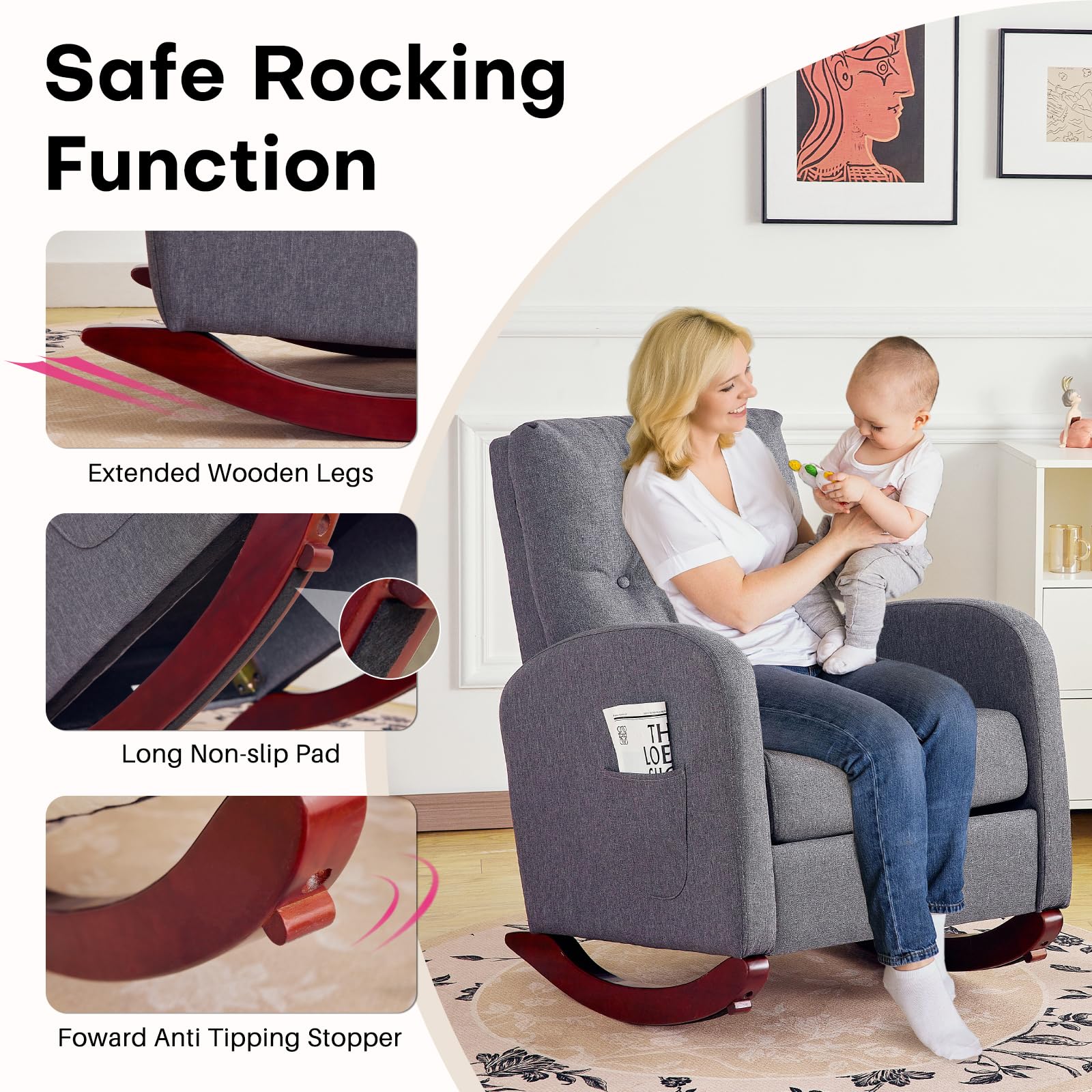 Redlife Rocking Chair Nursery - High Back Linen Upholstered Rocking Chair with Side Pocket for Living Room, Bedroom & Nursery - Comfortable Indoor Rocking Chair (Grey) - Perfect for Nursing, Reading & Relaxing