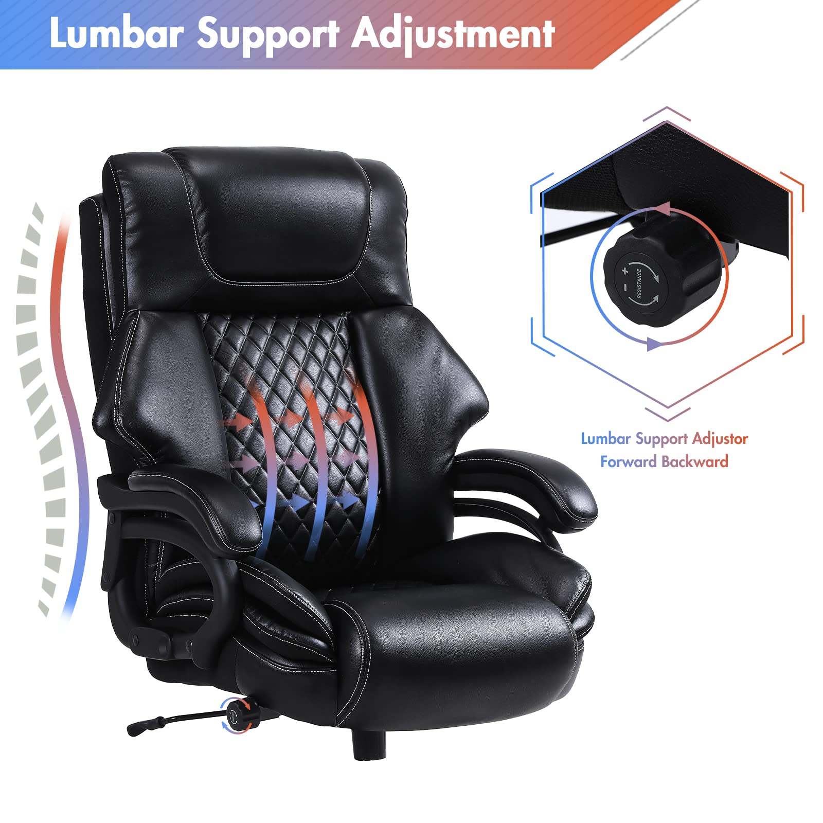 Big and Tall Office Chair for Heavy People Up to 500lbs - Heavy Duty Leather Executive Chair with Adjustable Lumbar Support & Quiet Rubber Wheels - Perfect for Home Office, Gaming, and Long Work Sessions