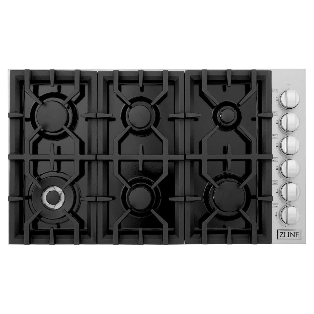 ZLINE 36 Inch 6 Burner Gas Cooktop with Black Porcelain Top - RC36 PBT - Professional Grade Stove for Home Kitchen, Restaurant & Outdoor Cooking