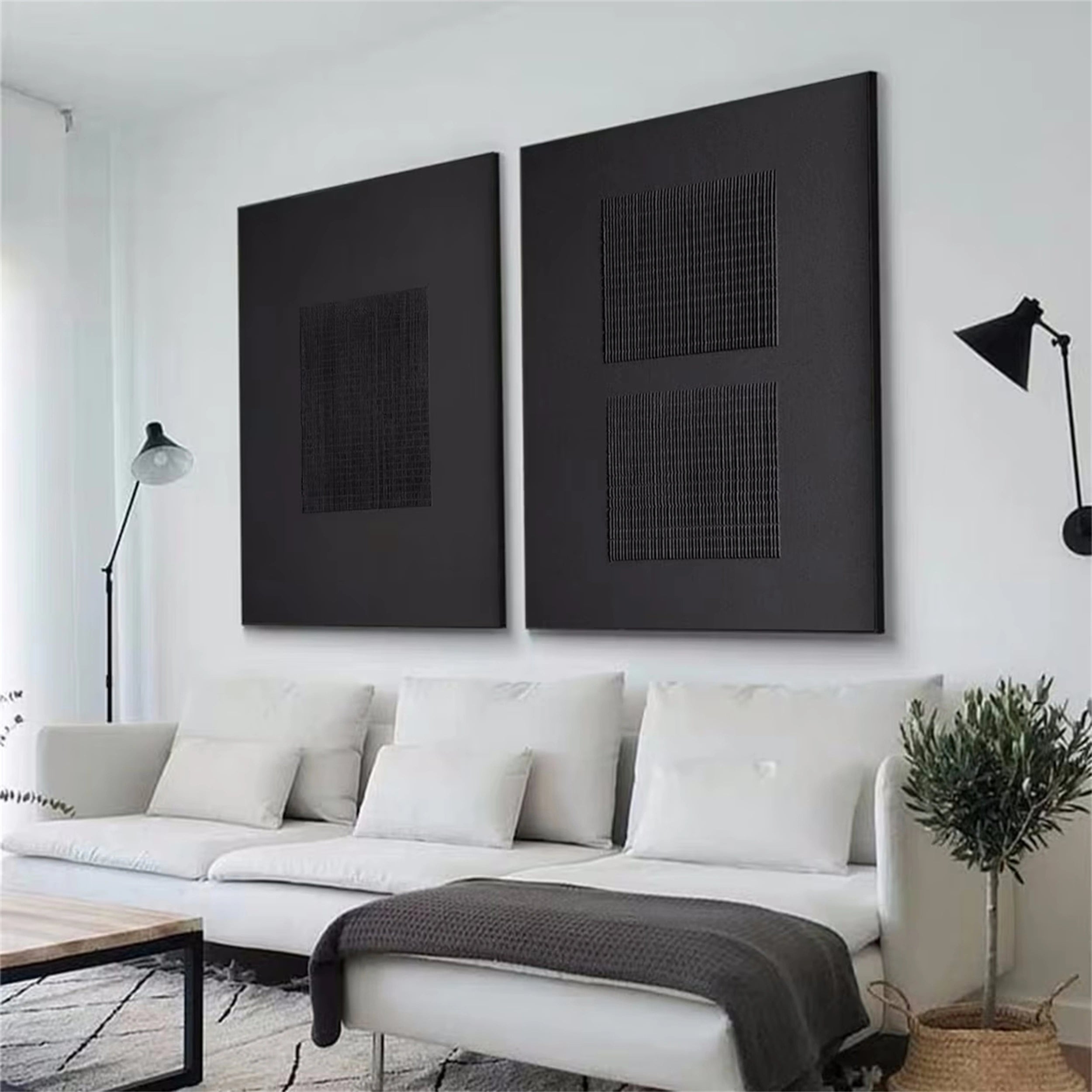 Black Minimalist Textured Paintings Canvas Set of 2 - Modern Abstract Wall Art for Living Room, Bedroom & Office Decor #MZ072
