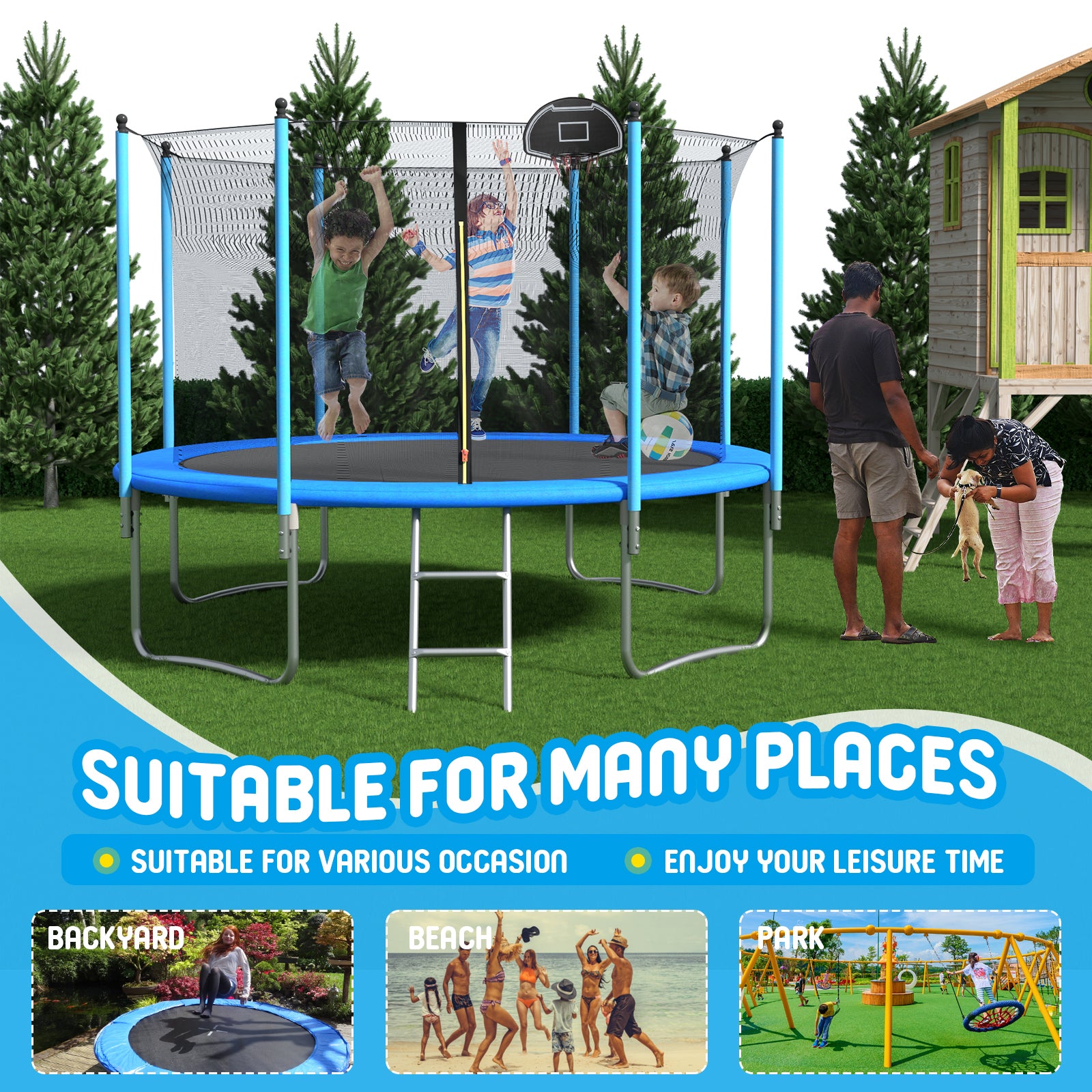 10 FT Outdoor Trampoline with Safety Enclosure Net & Basketball Hoop - Perfect for Backyard Fun, Kids Play, and Family Fitness Activities