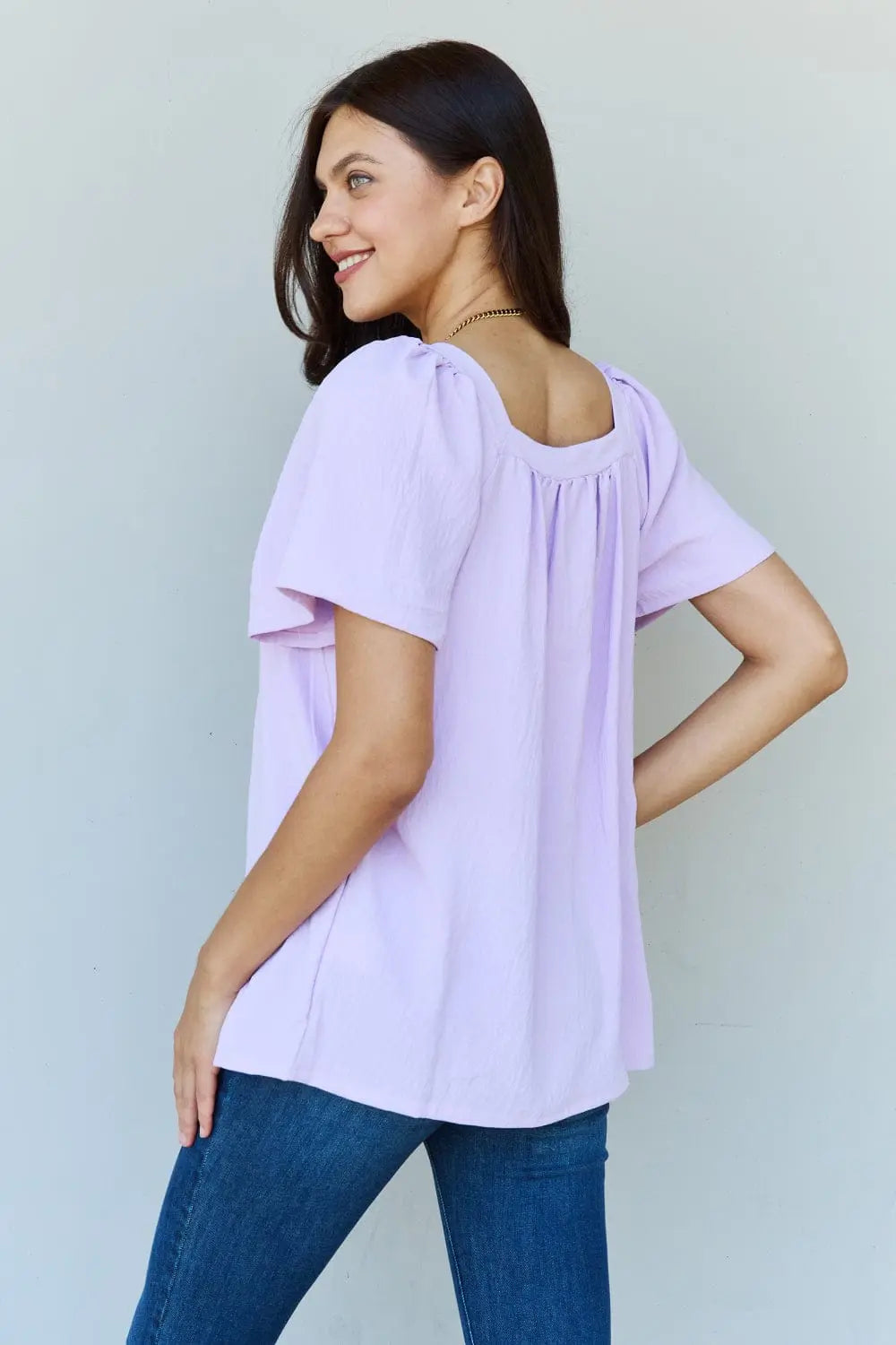 Ninexis Keep Me Close Square Neck Short Sleeve Blouse - Lavender Women's Tops for Work, Date Night & Casual Outfits