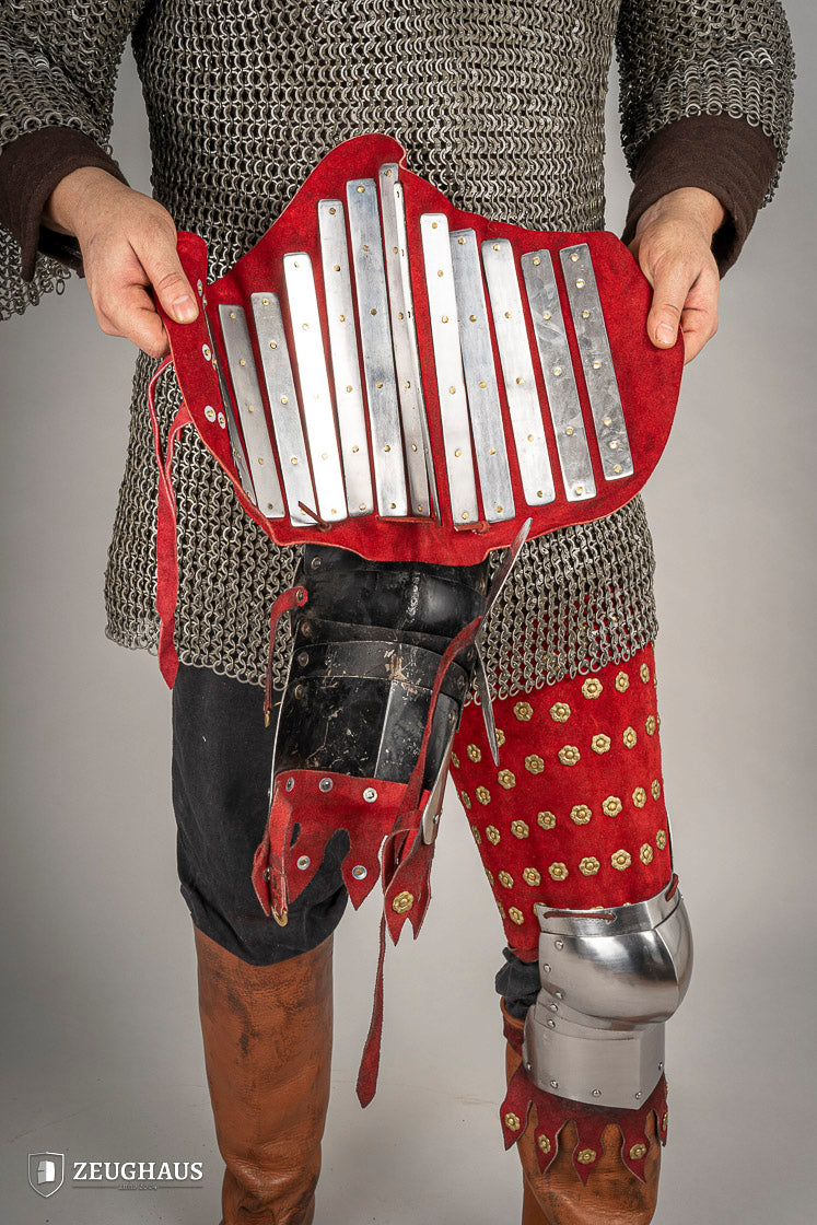 Red Suede Leather Splinted Leg Armor - Medieval Knight Costume, LARP, Cosplay & Renaissance Faire Accessory