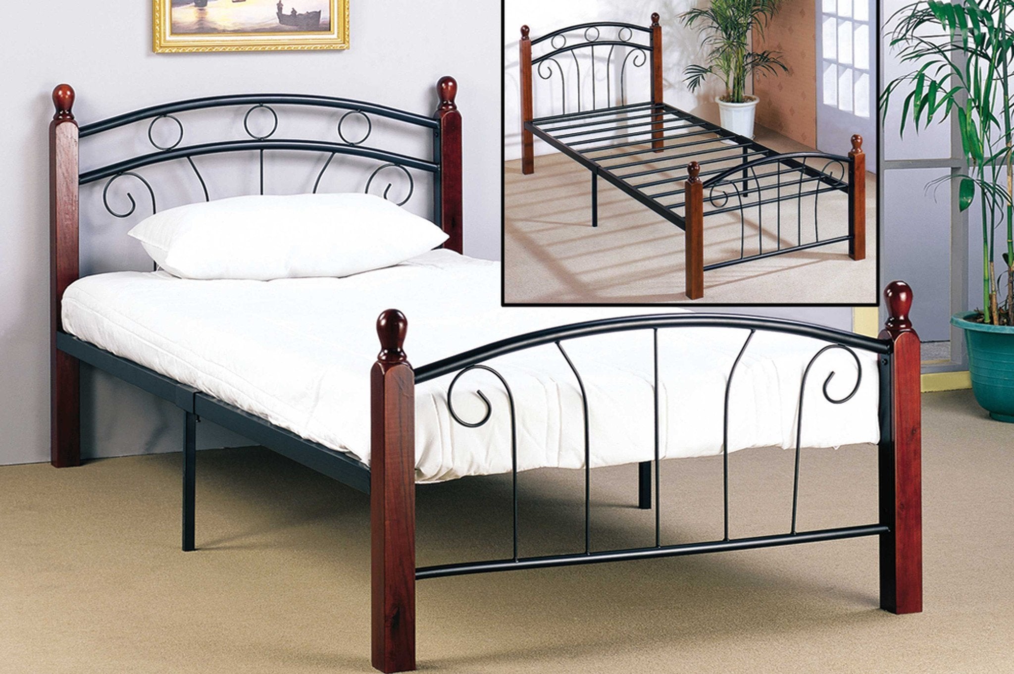 Stylish Black Metal Platform Bed Frame with Cherry Wood Posts - Modern Bedroom Furniture for Small Spaces & Guest Rooms