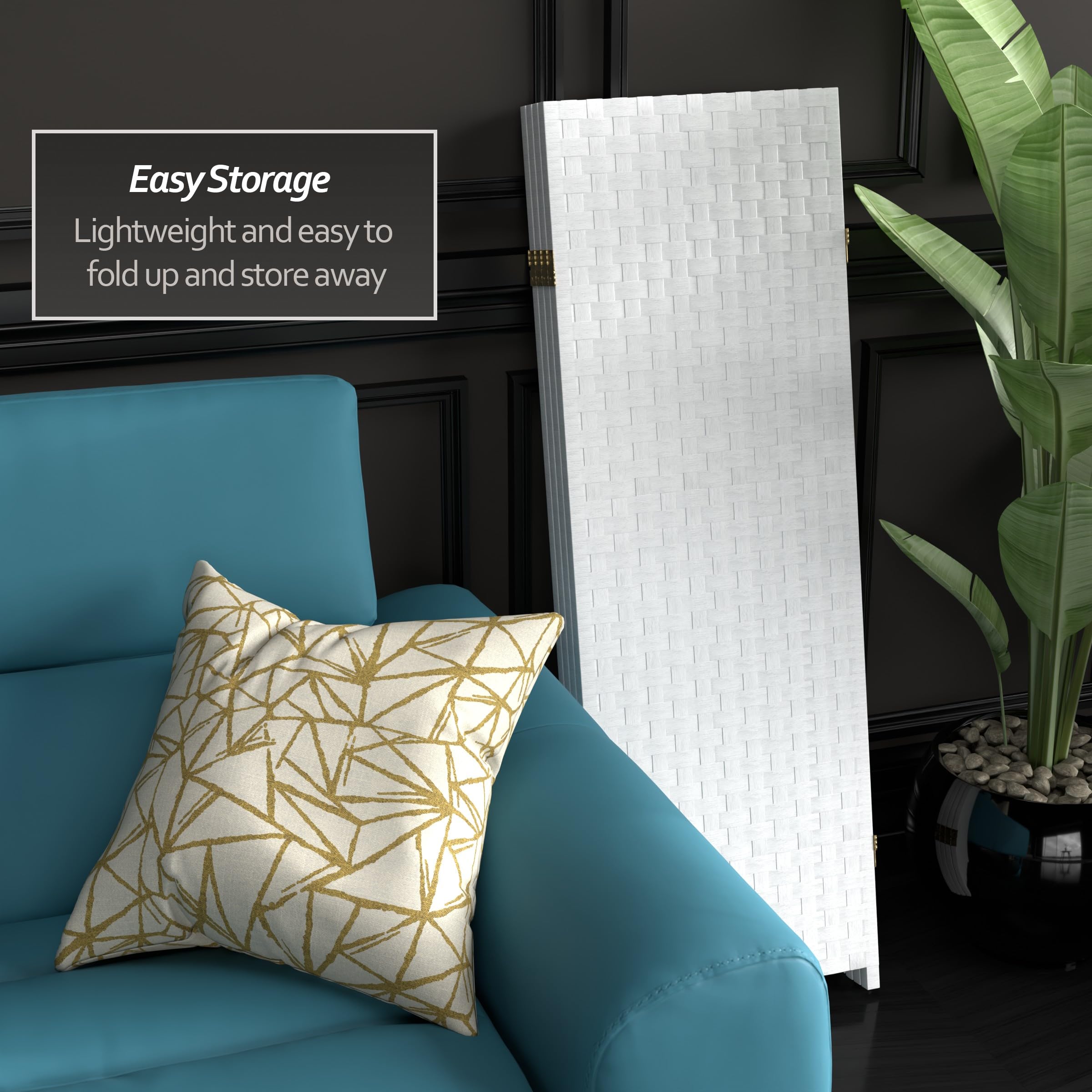 4 ft. Short Woven Fiber Folding Room Divider Screen - White - 4 Panel Privacy Partition for Home, Office, or Studio Decor
