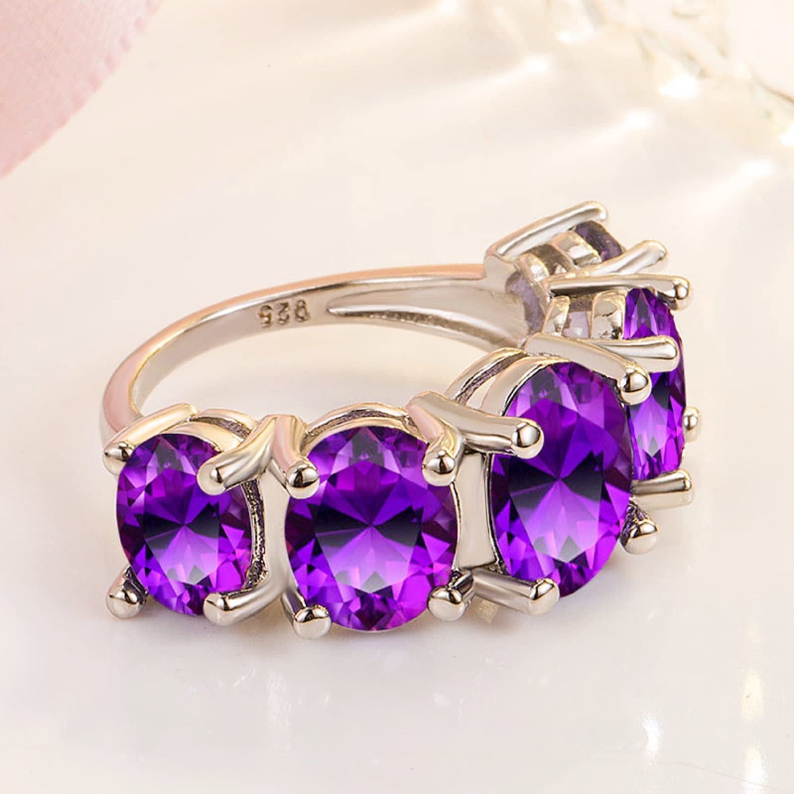 925 Sterling Silver Women's Amethyst Pink Diamond Ring with Oval Zircon & Austrian Crystals - Purple Birthstone Promise Ring for Her | Perfect for Anniversaries, Valentine's Day & Special Occasions