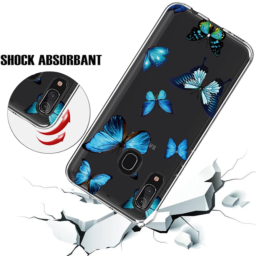 Cute Blue Butterfly Clear Slim Shockproof TPU Case for Samsung Galaxy A20/A30 - Soft Flexible Protective Cover for Women & Girls - Perfect for Everyday Use, Work, and Travel