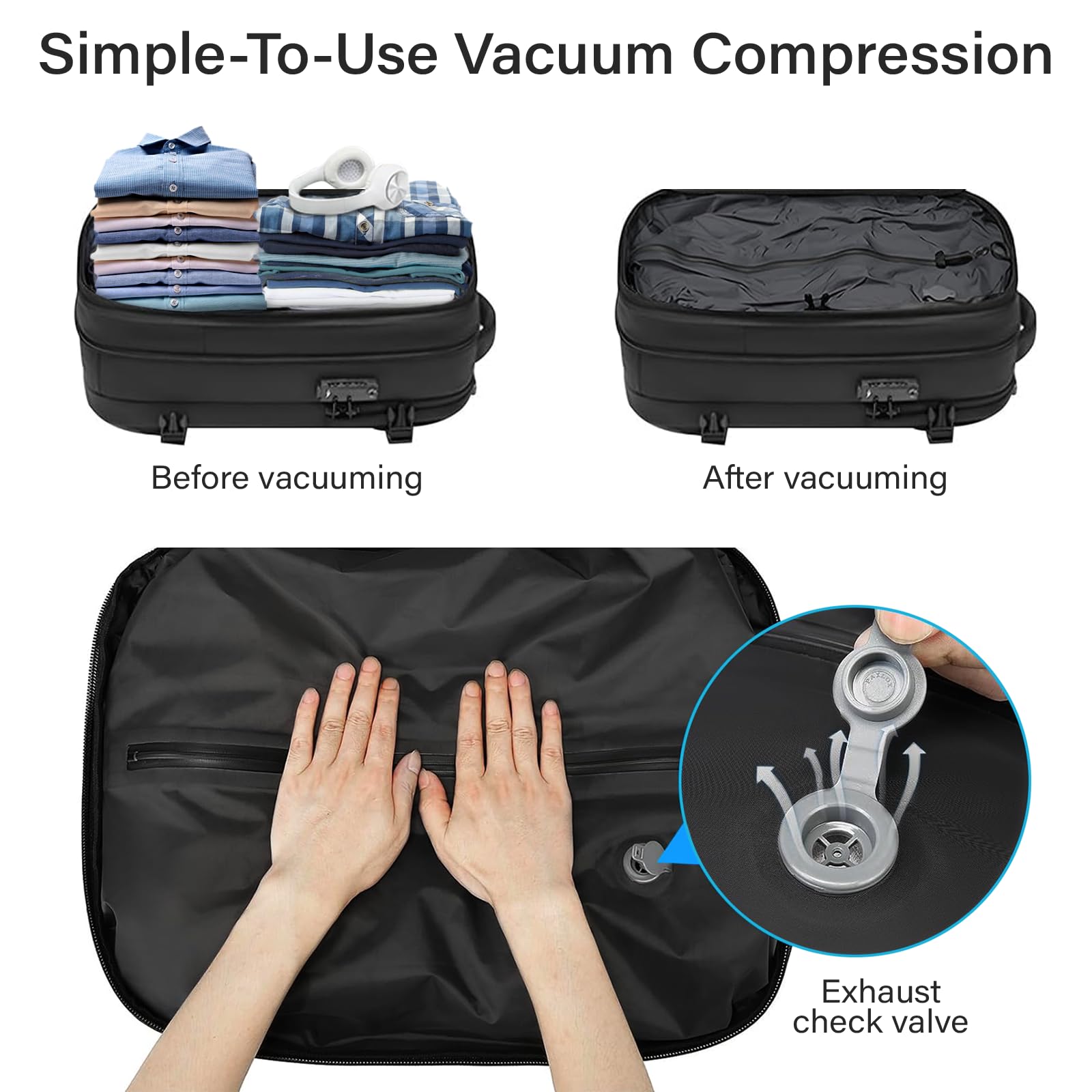 60L Expandable Vacuum Travel Backpack with TSA Lock - 17.3 Inch Laptop Compartment | Airback Vacpack Backpack for Business Trips & Weekend Getaways (Black, Air Pump Not Included)