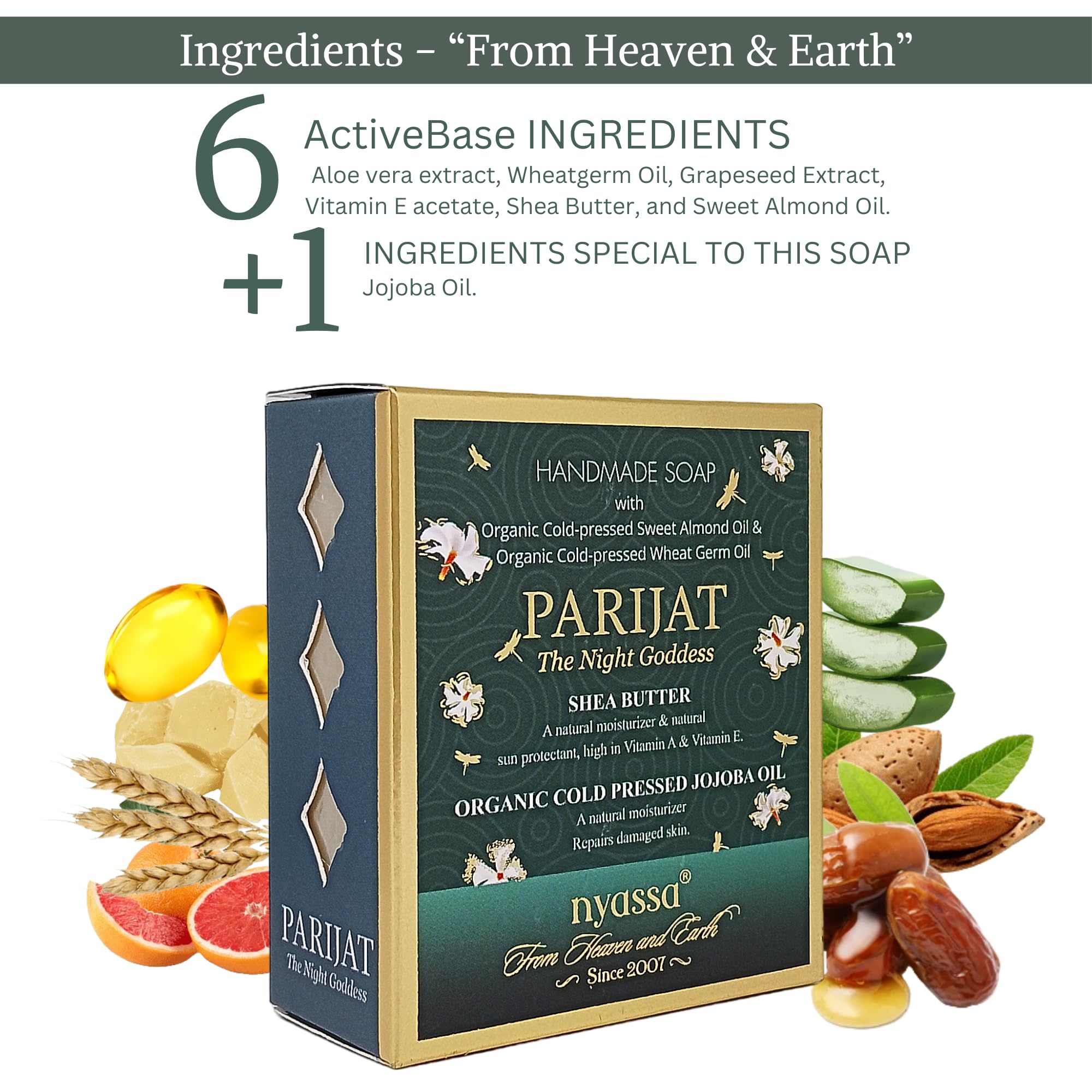 Nyassa Luxurious Parijat Handmade Natural Bathing Soap with Shea Butter & Jojoba Oil | Jasmine & Parijat Fragrance for All Skin Types | 150g | Perfect for Spa Day, Gift Sets & Relaxing Bath Time