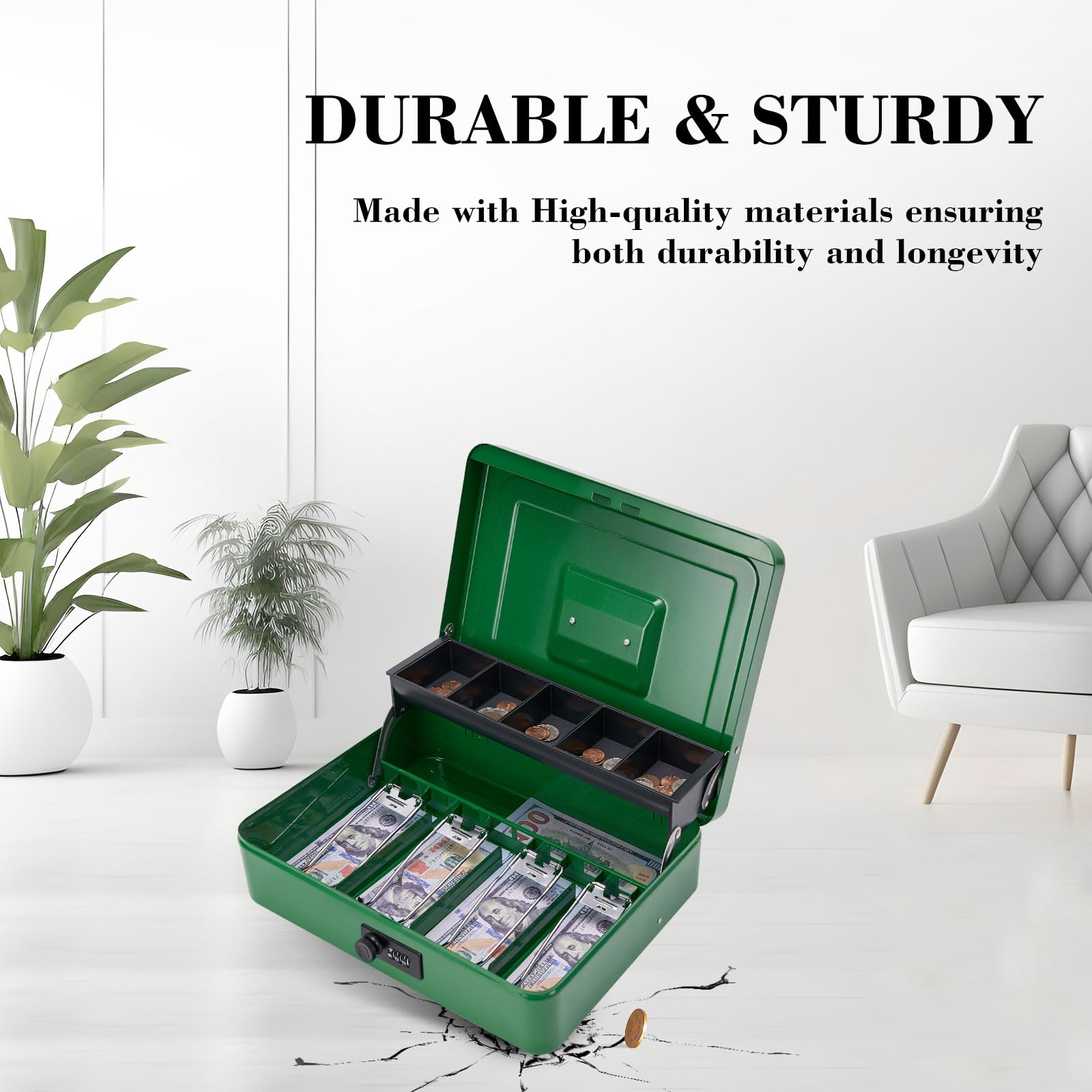 Large Cash Box with Key Lock - Durable Money Saving Organizer with 4 Bill & 5 Coin Slots, Cantilever Design - XL Green Locking Safe Box for Home, Office, Retail Store & Small Business Cash Management