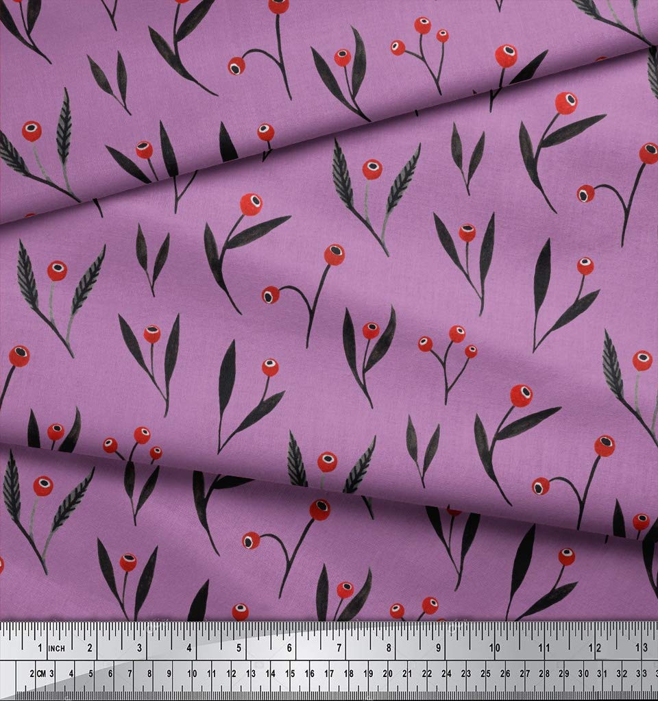 Soimoi Moss Georgette Purple Fabric by The Yard - 42 Inch Wide Printed Fabric with Red Berries & Leaves Design - Festive Timeless Patterns for Seasonal Decor, DIY Crafts, Dressmaking & Home Decoration
