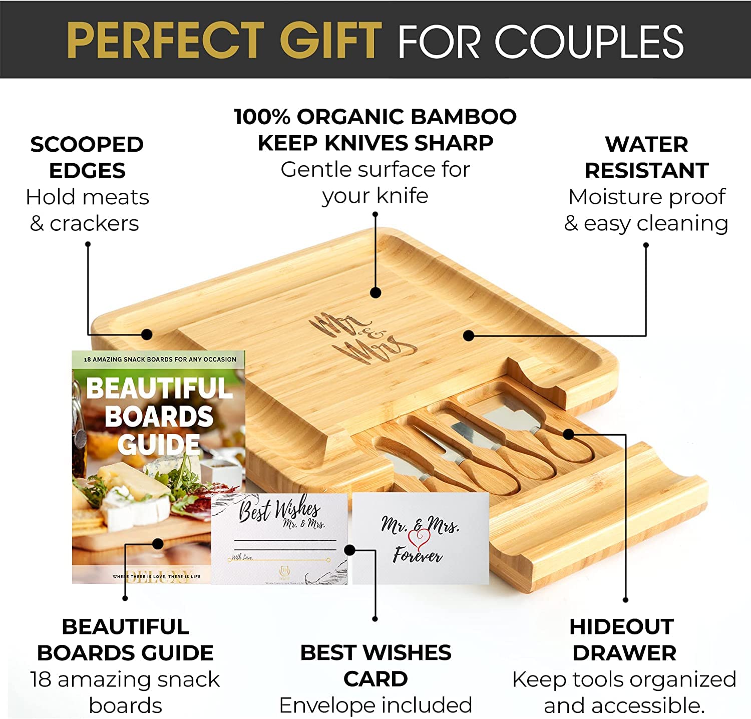 DELUXY Mr and Mrs Cheese Board Set - Elegant Wedding Gift for Couples, Newlyweds, Bridal Showers, Anniversaries - Unique His and Hers Present for Cheese Lovers - Perfect for Romantic Dinners, Housewarming Parties, and Special Celebrations