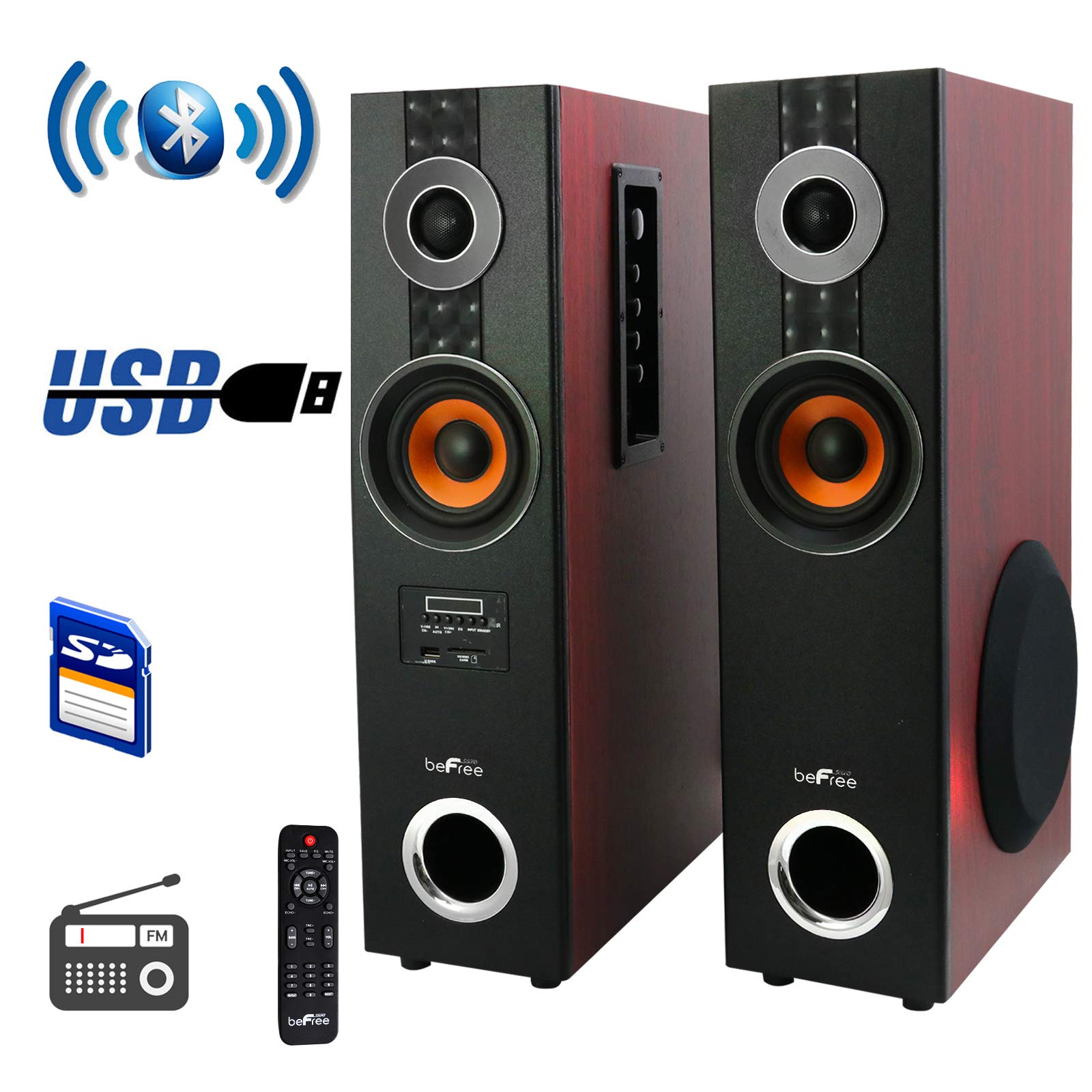 beFree Sound 2.1 Channel Bluetooth Tower Speakers with Optical Input - Dual Wood Subwoofer, Wireless Audio System for Home Theater, Gaming & Music (Brown, BFS-Tower Speaker)