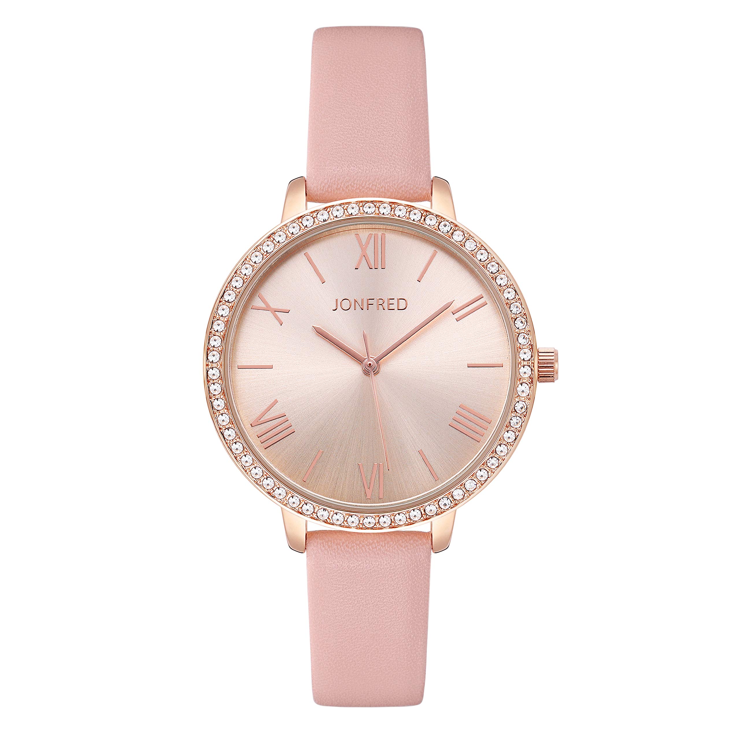 JONFRED Women's Fashion Quartz Watch - Leather Strap, Waterproof, Crystal Diamond Accent - Elegant Casual Bracelet Watch for Easy Reading | Perfect for Office, Party & Daily Wear