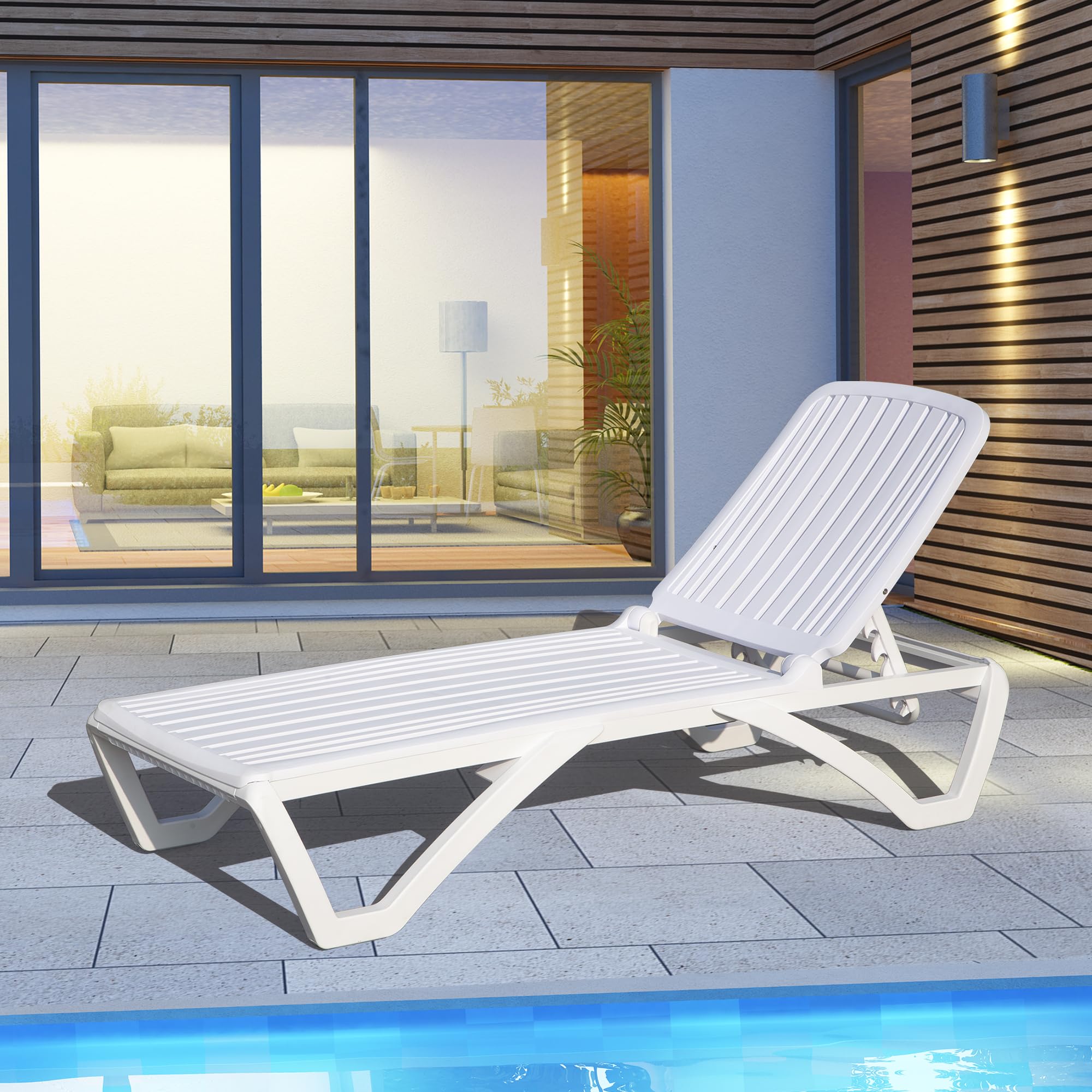 Domi Patio Chaise Lounge - All-Weather Adjustable Reclining Outdoor Lounge Chair with Wheels, Stackable Plastic Tanning Chair for Beach, Garden, Lawn, Poolside Relaxation | Perfect for Sunbathing, Lounging by the Pool, or Backyard Relaxation