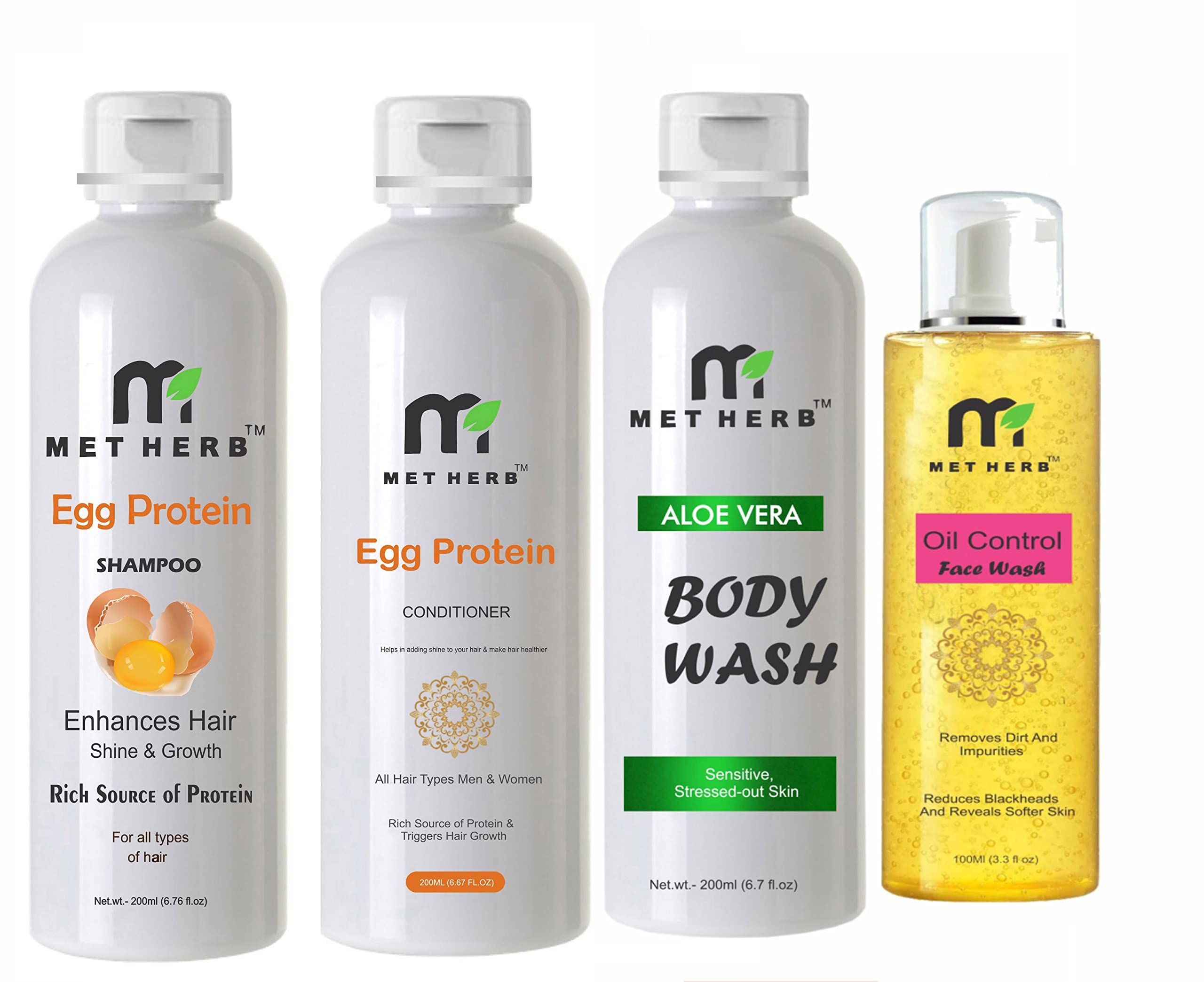 METHERB Egg Shampoo 300ml & Egg Protein Conditioner 200ml & Aloe Vera Body Wash 200ml & Oil Control Face Wash 100ml - Hair & Skin Care Set for Dry Damaged Hair & Oily Skin - Perfect for Daily Shower, Spa & Travel Essentials
