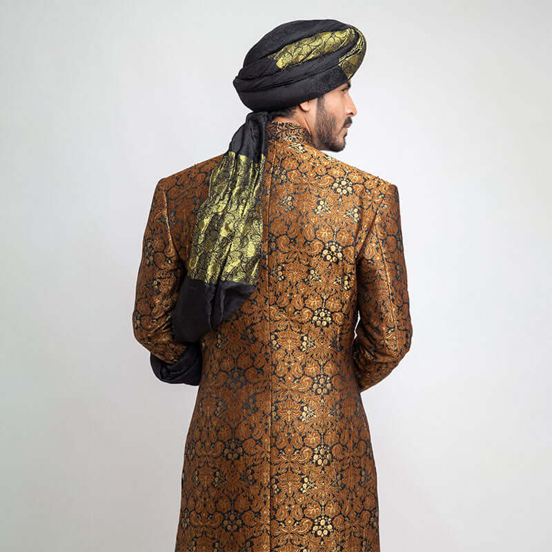 Antique Gold & Black Pure Brocade Jamavar Sherwani for Men | Elegant Indian Wedding Attire | Perfect for Grooms, Festivals & Special Occasions