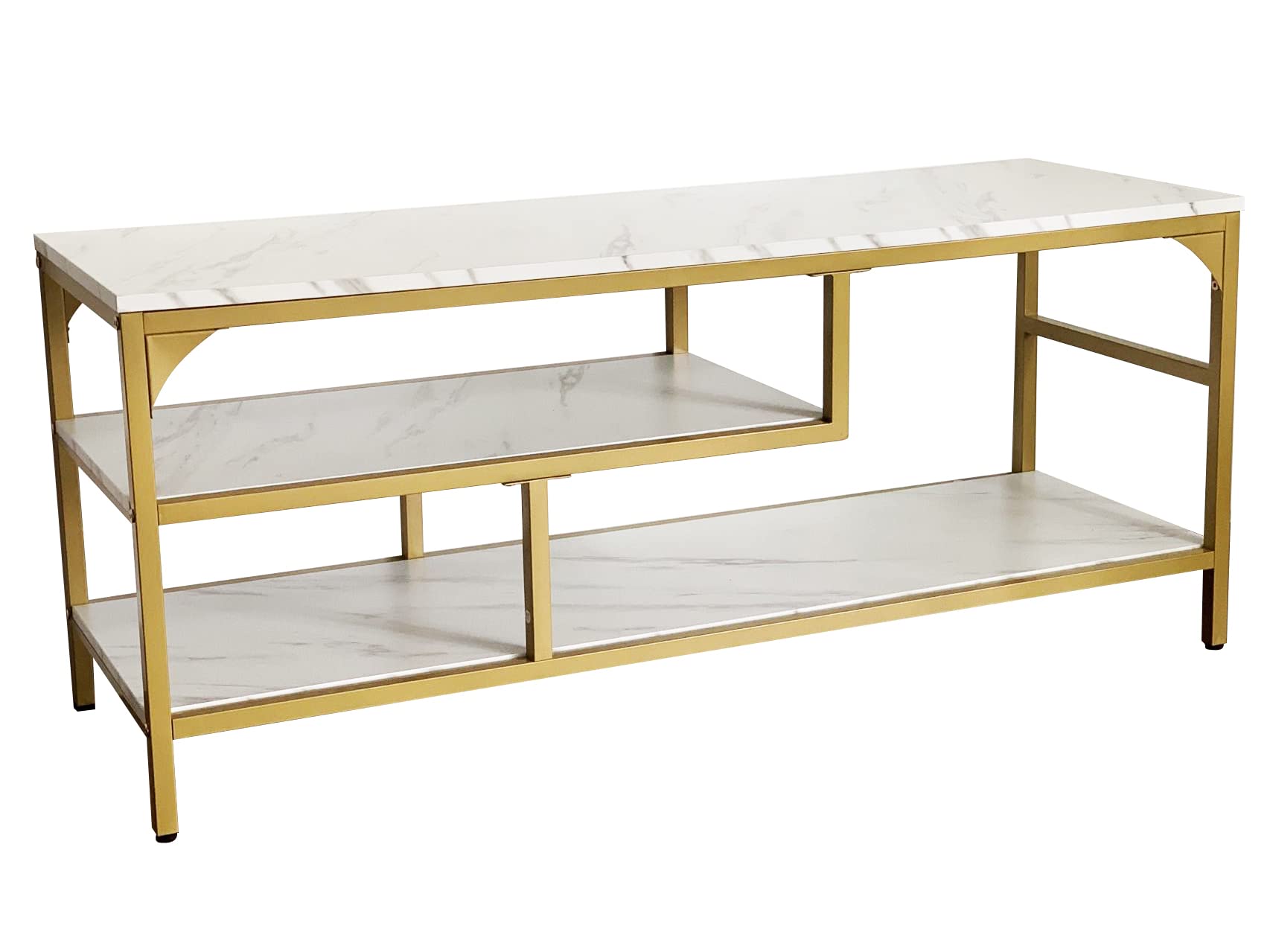 AT-VALY 3-Tier TV Stand with Open Shelves - Gold Metal Frame & White Faux Marble Top Media Console Table for Living Room, Bedroom - Perfect for Organizing Entertainment Systems, Books & Decor
