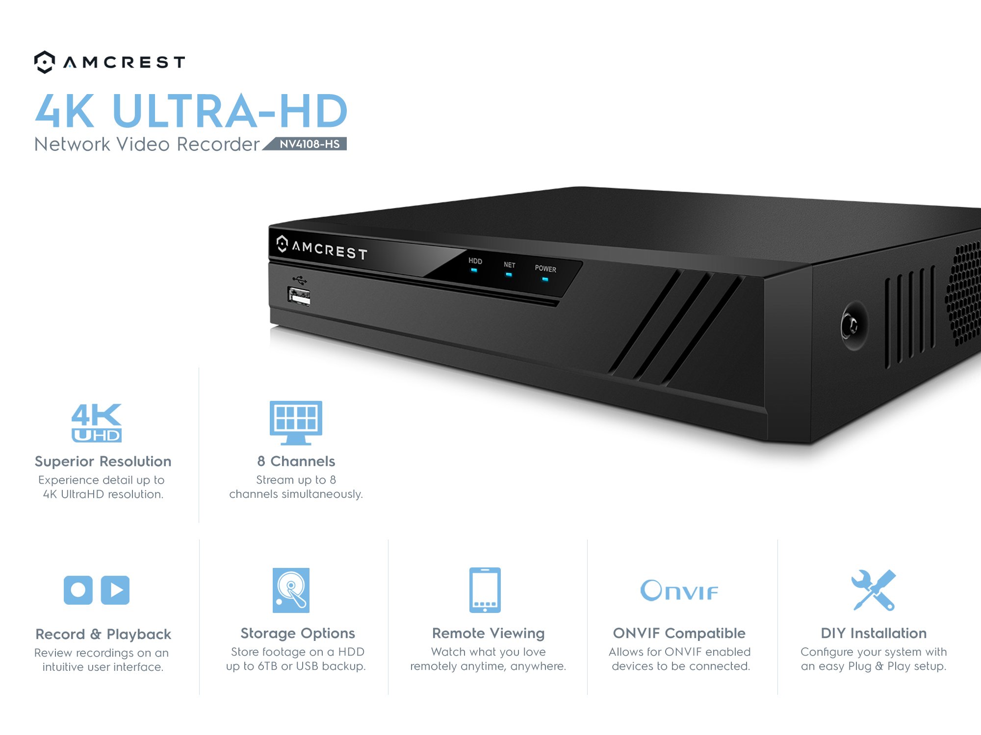 Amcrest 4K 8CH NVR Security System - 8 Channel Network Video Recorder Supports 8MP/4K IP Cameras, 6TB HDD, No WiFi (Renewed) - Ideal for Home & Business Surveillance