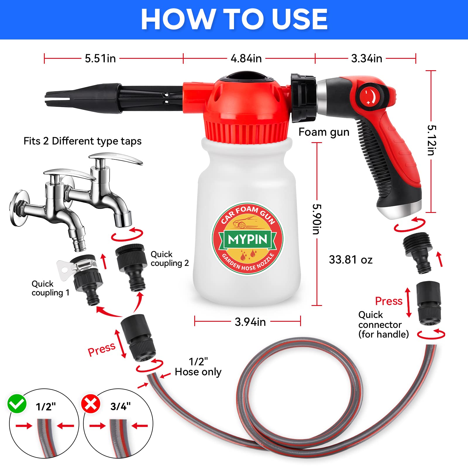 Premium Car Wash Foam Gun Set with Adjustable Foam Cannon & 2.5-6 Bar Pressure Sprayer - Includes Nozzles, Wash Mitt & 1/2