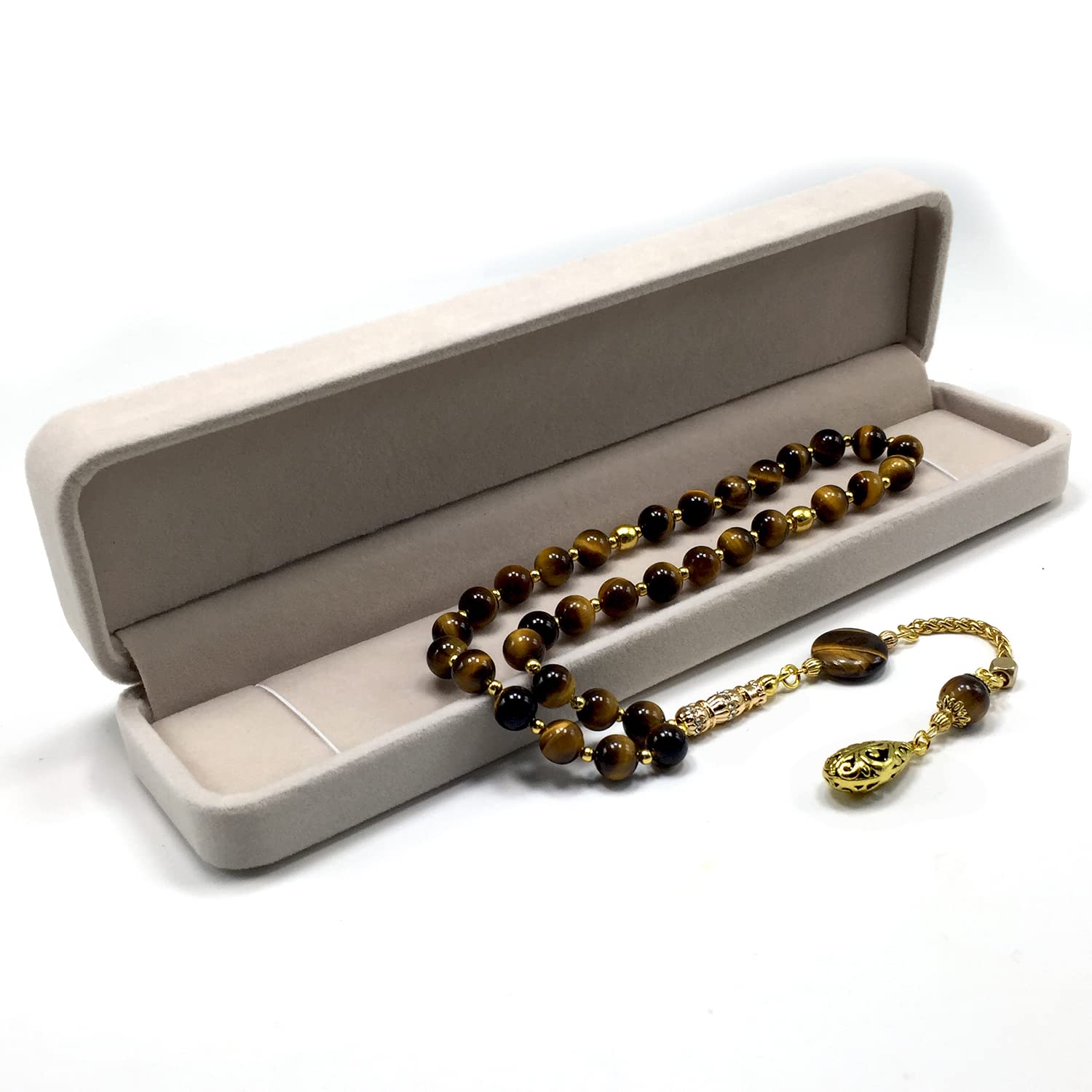 Tiger Eye Stone Worry Beads - 8mm Prayer Beads with Gold Tassel - 33 Beads Tasbih, Misbaha, Rosary for Stress Relief, Meditation & Spiritual Practice - Perfect for Anxiety Relief, Mindfulness & Gift Giving