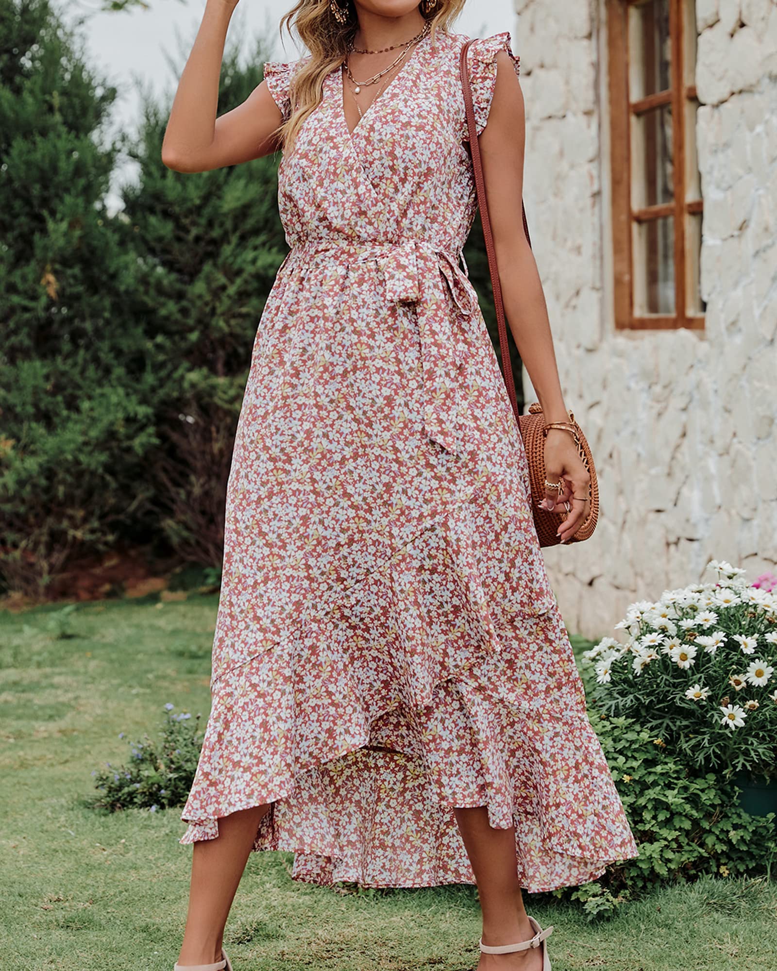 BTFBM Women's Summer Floral Maxi Dress 2025 - V Neck Ruffle Sleeve Wrap Dress with Belt for Beach Vacation, Spring Wedding Guest & Special Occasions | Perfect for Tropical Getaways, Garden Parties & Date Nights