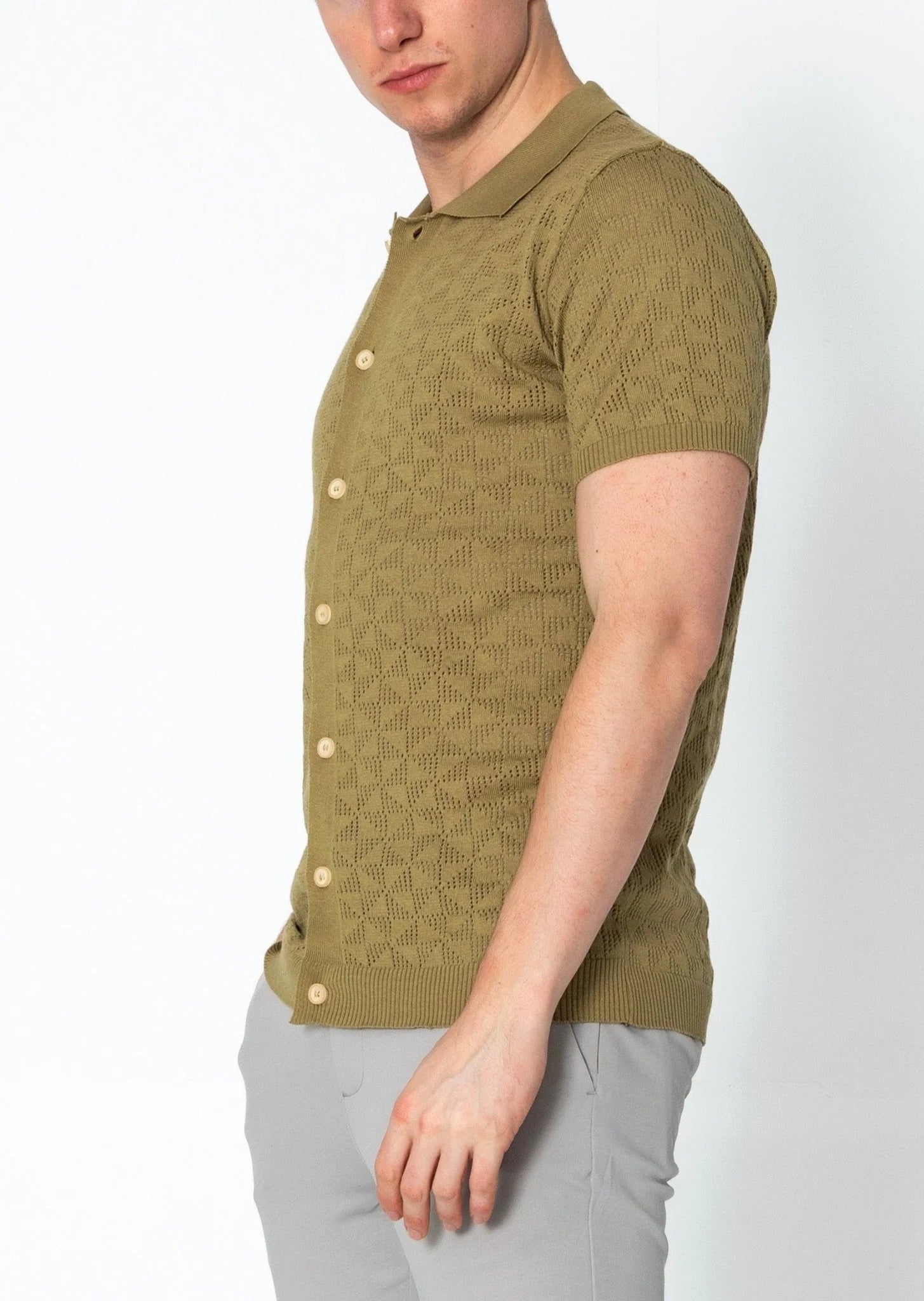 Geometric Crochet Polo Shirt for Men - Stylish Green Summer Casual Top | Perfect for Beach Outings, Music Festivals & Boho Fashion