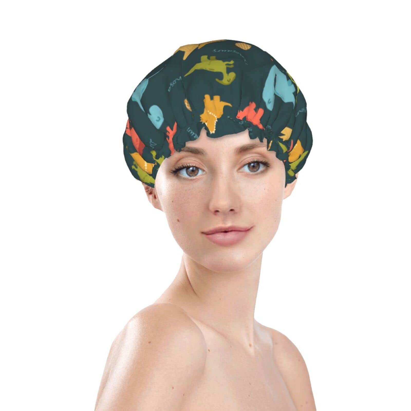 Dinosaur Pine Egg Shower Cap for Women & Kids - Reusable Long Hair Shower Hat with Elastic Band, Double Layer Bathing Cap for Adults & Children - Perfect for Bathing, Swimming & Spa Days