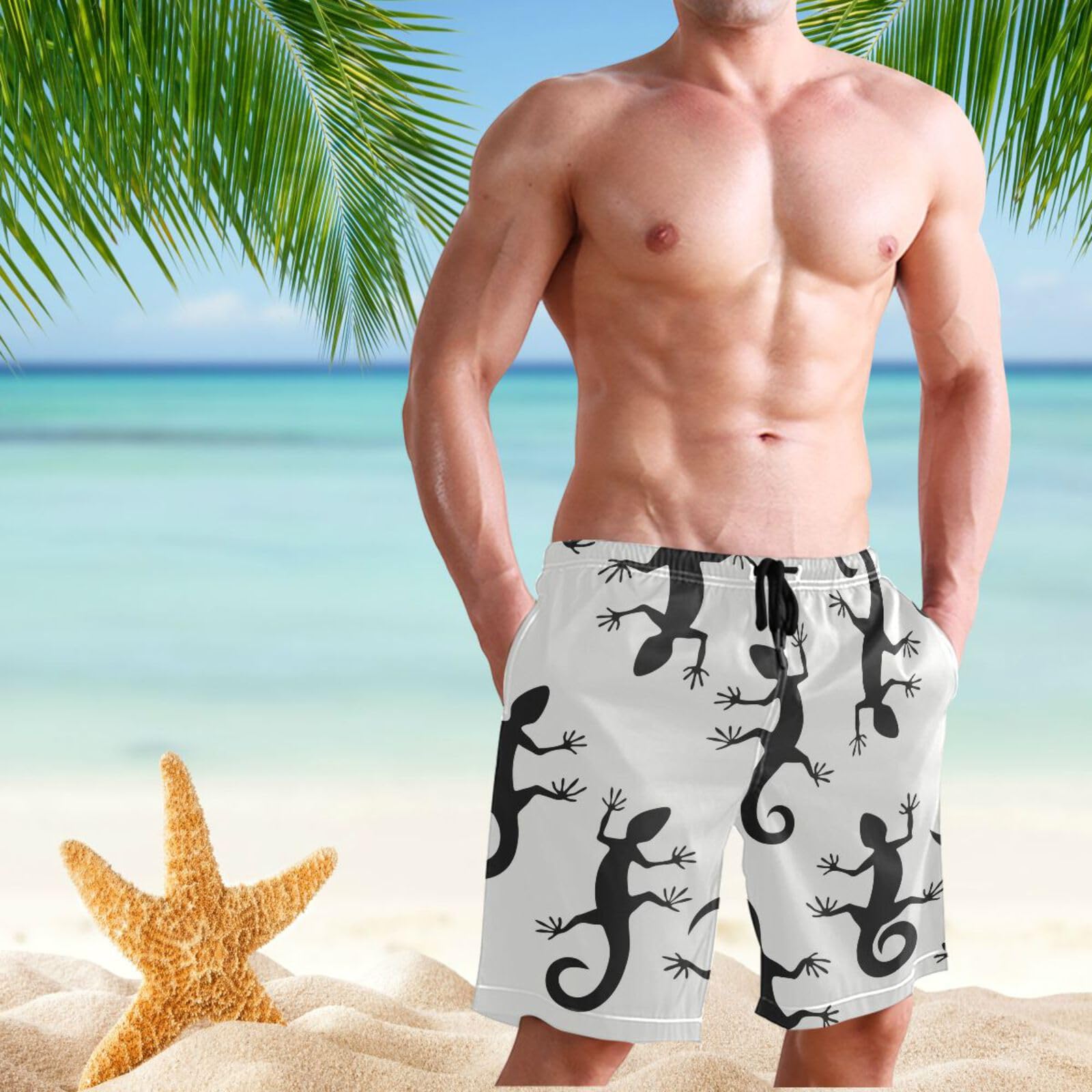 **Men's Quick Dry Swim Trunks - Black Lizard Print Beach Shorts for Swimming, Surfing & Water Sports | Comfortable Bathing Suits for Pool, Vacation & Summer Activities**