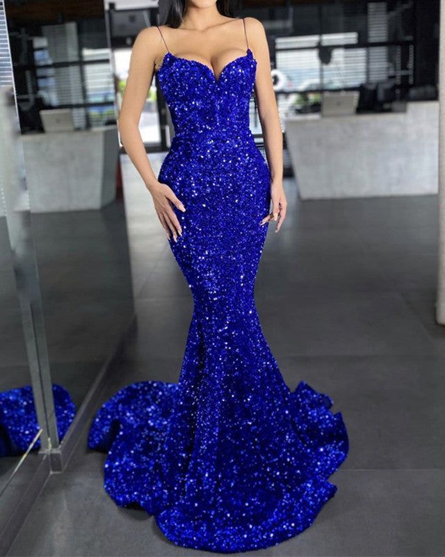 Mermaid Purple Sequin Prom Dress - V Neck Formal Evening Gown with Spaghetti Straps for Homecoming, Pageant, and Special Occasions