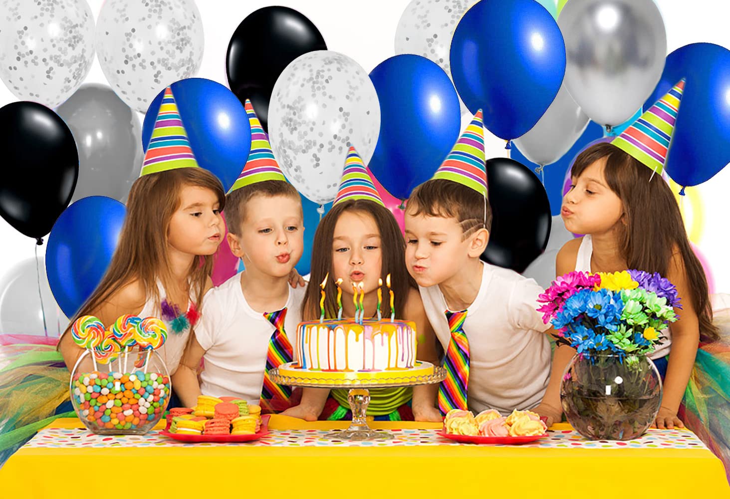 Royal Blue Black Balloons Kit - 12 Inch Blue Black Silver Balloons (55 Piece) with Navy Blue Silver Confetti - Perfect for Boy Birthday Party, Gaming Party, Baby Shower & Graduation Decorations - Great for Themed Events, Photo Backdrops and Celebration Decor