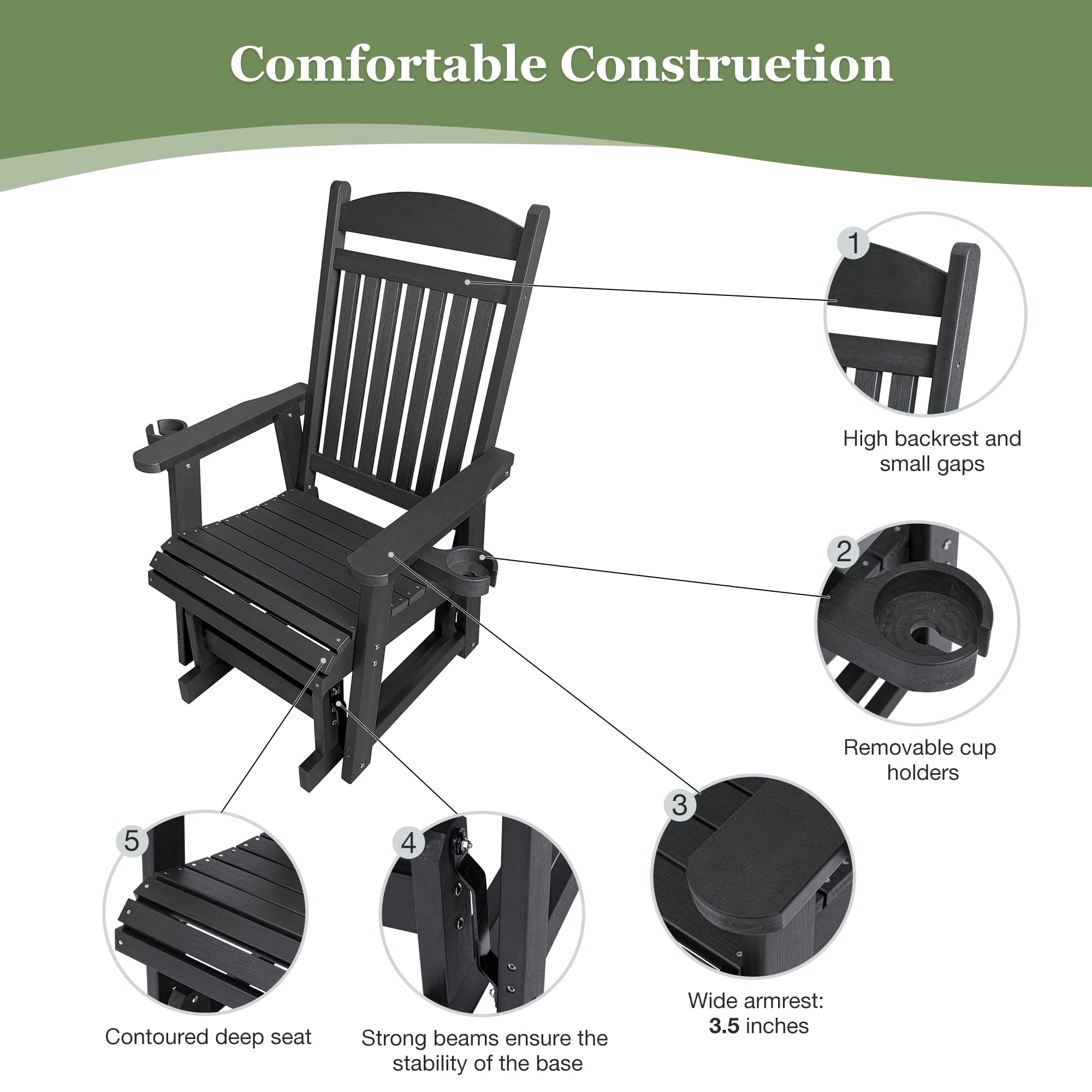 Poly Lumber Single Person Patio Glider with Cup Holders - High Back Support & Contoured Seat - Heavy Duty 700lb Capacity All-Weather HIPS Material (Matte Black) - Perfect for Porch, Deck, Garden or Poolside Relaxation