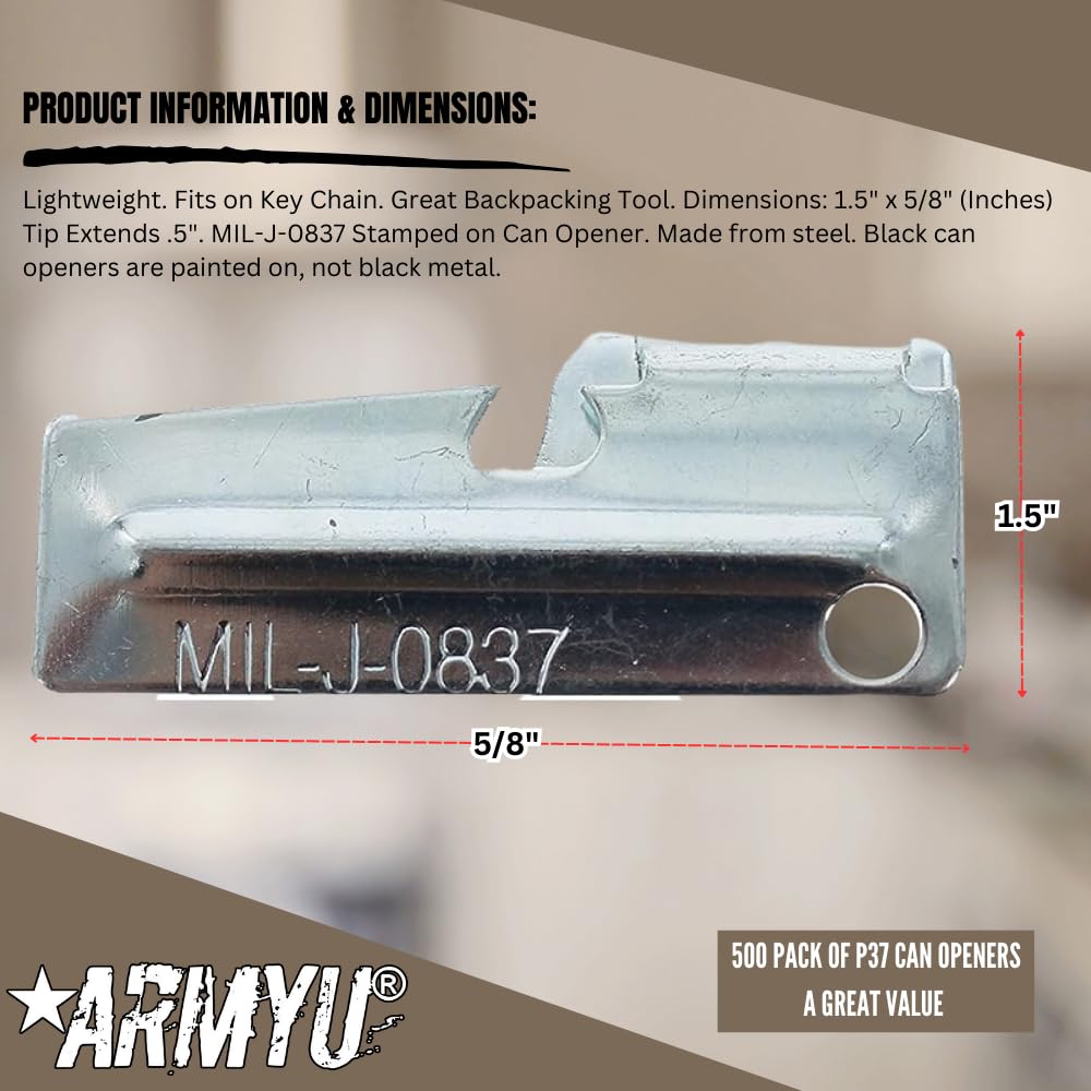 ARMYU P-38 Military Grade Metal Can Opener - Compact Steel Army Style P38 (Mil-J-0837) for Camping, Hiking & Emergency Kits - Travel Size Black (500 Pack) - Ideal for Outdoor Adventures & Survival Gear