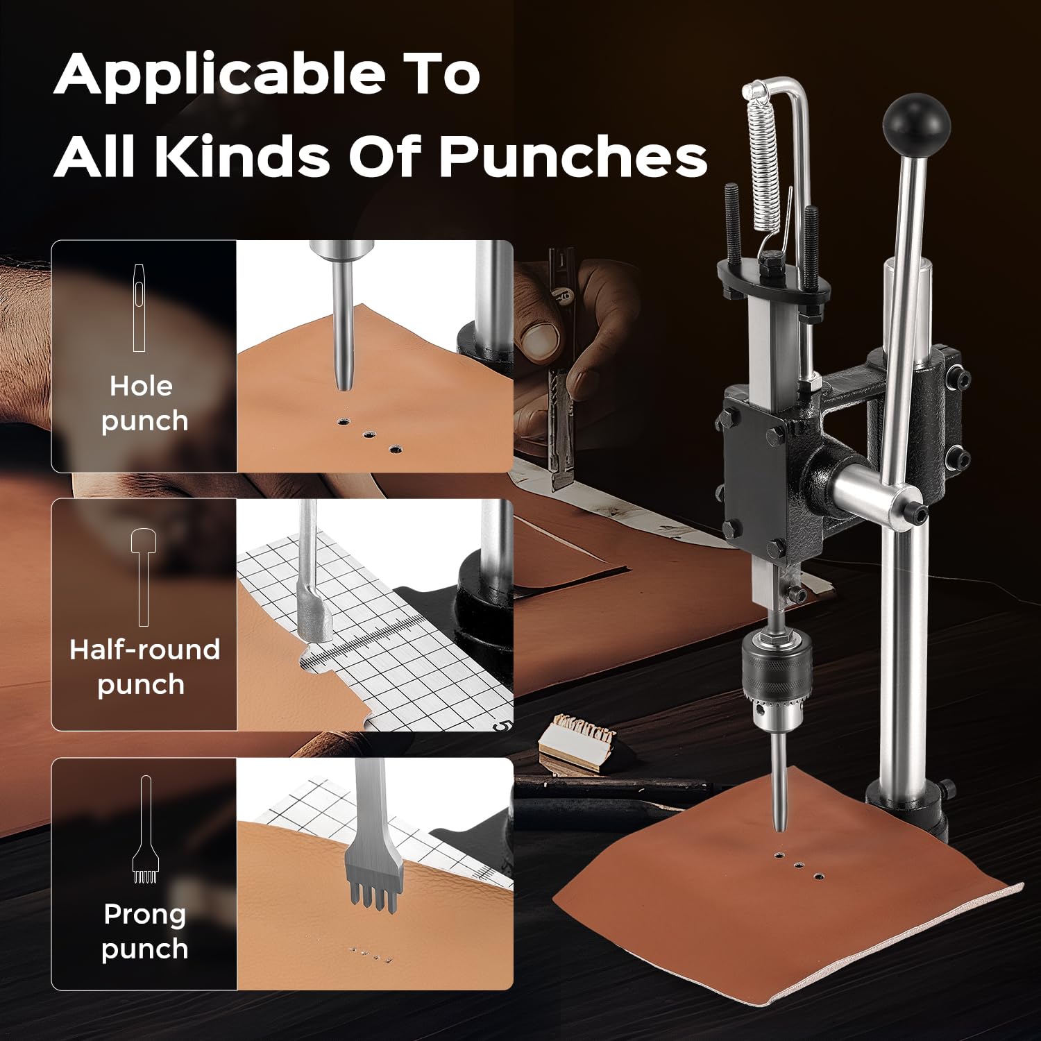 Bonvoisin Leather Hole Punch Tool Set - Manual Leather Press Machine with Punch Tools Chuck, Plastic Plate & Punches for DIY Craft, Leatherworking, and Shoe Repair