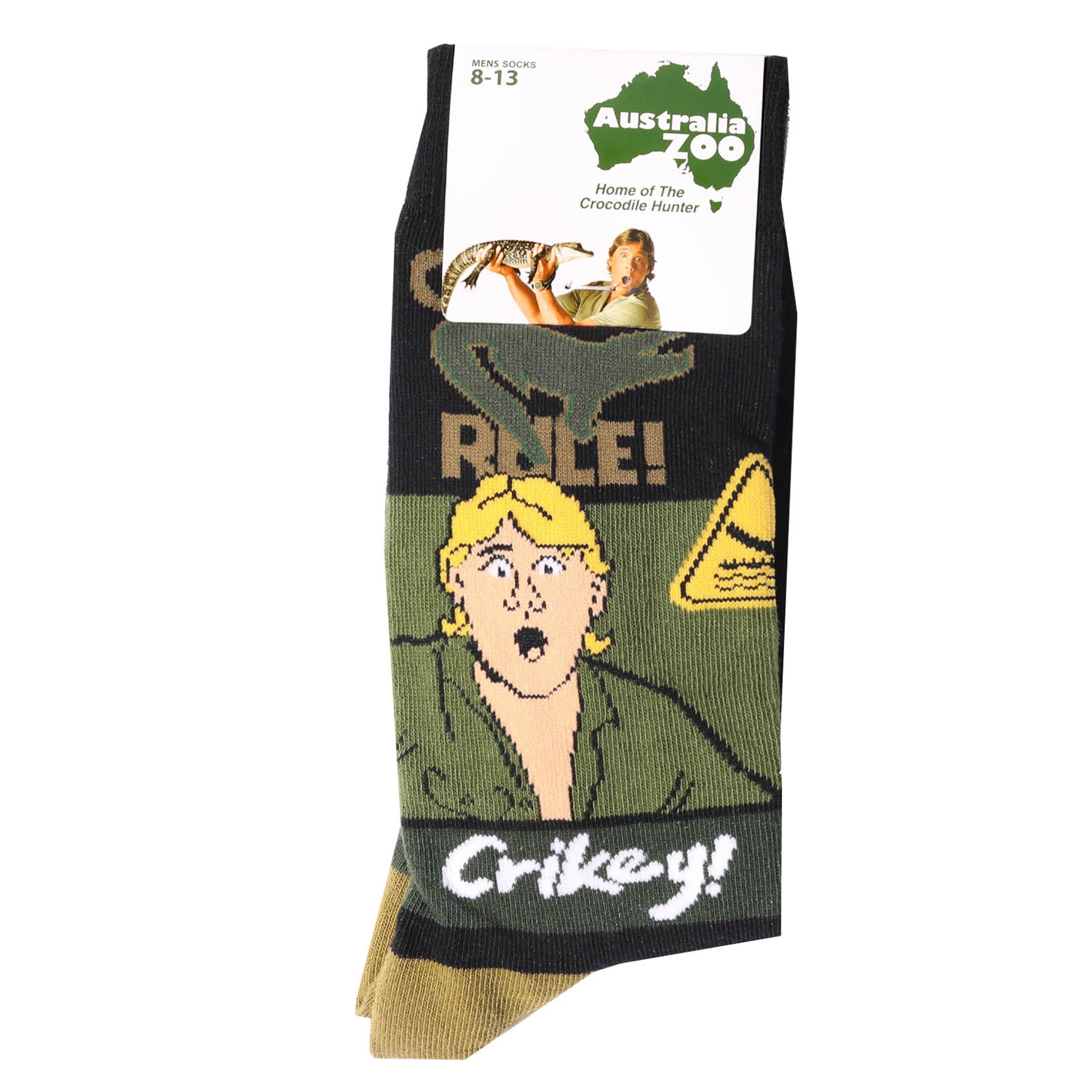 Men's Australia Zoo Crikey Cotton Crew Socks - Green | Comfortable Casual Socks for Everyday Wear, Hiking & Travel