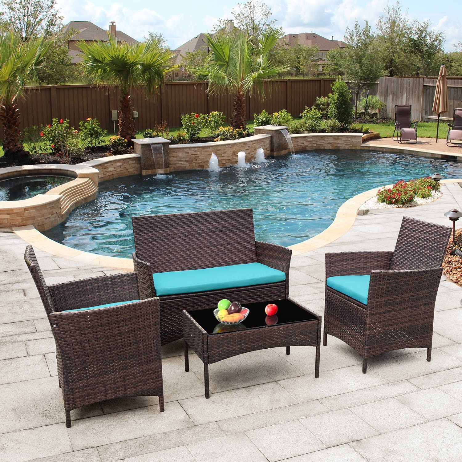 Premium 4-Piece Outdoor Patio Furniture Set - PE Wicker Rattan Chairs with Cushions & Coffee Table - Weather-Resistant Garden, Poolside, Porch, Backyard, Balcony Furniture (Blue) - Perfect for Relaxing, Entertaining & Outdoor Dining
