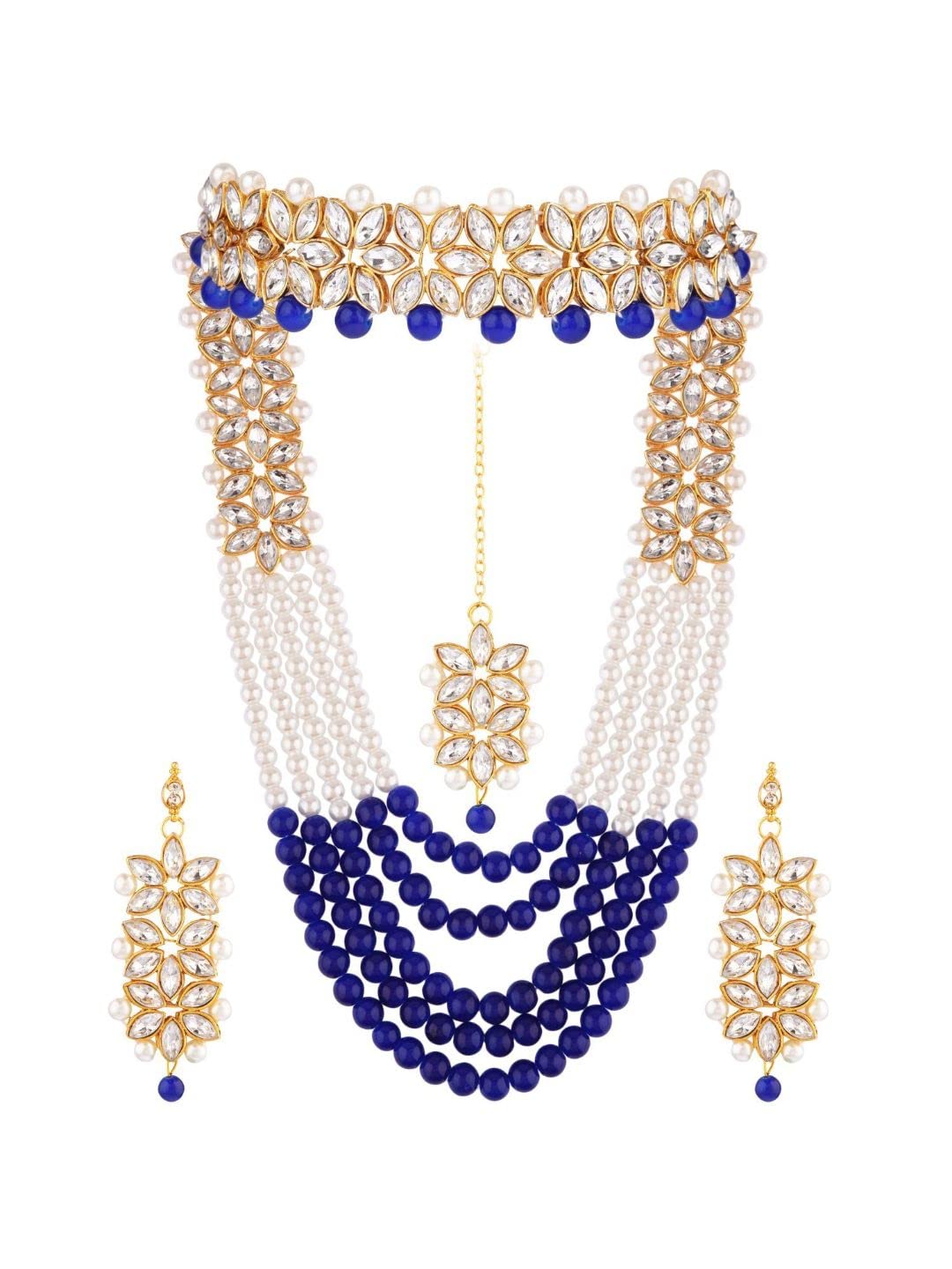 Efulgenz Indian Jewelry Set - Crystal Faux Pearl Multi-Strand Necklace, Earrings, Maang Tikka & Beaded Bracelet for Women | Bollywood Wedding & Bridal Jewelry | Perfect for Weddings, Parties & Special Occasions
